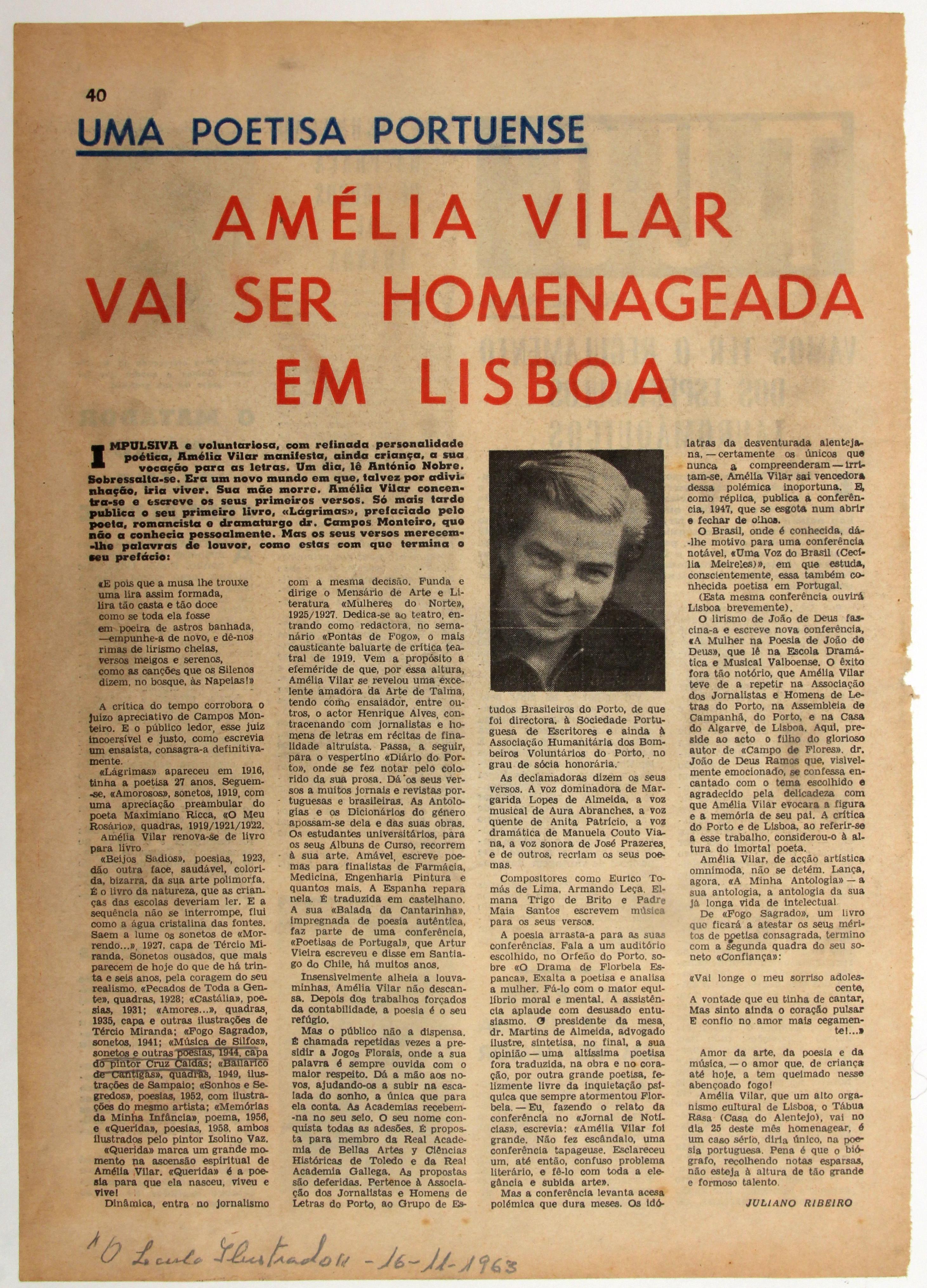 Cruz Caldas e a poetisa Amélia Vilar : «O Século Ilustrado» : uma poetisa portuense : Amélia Vilar vai ser homenageada em Lisboa