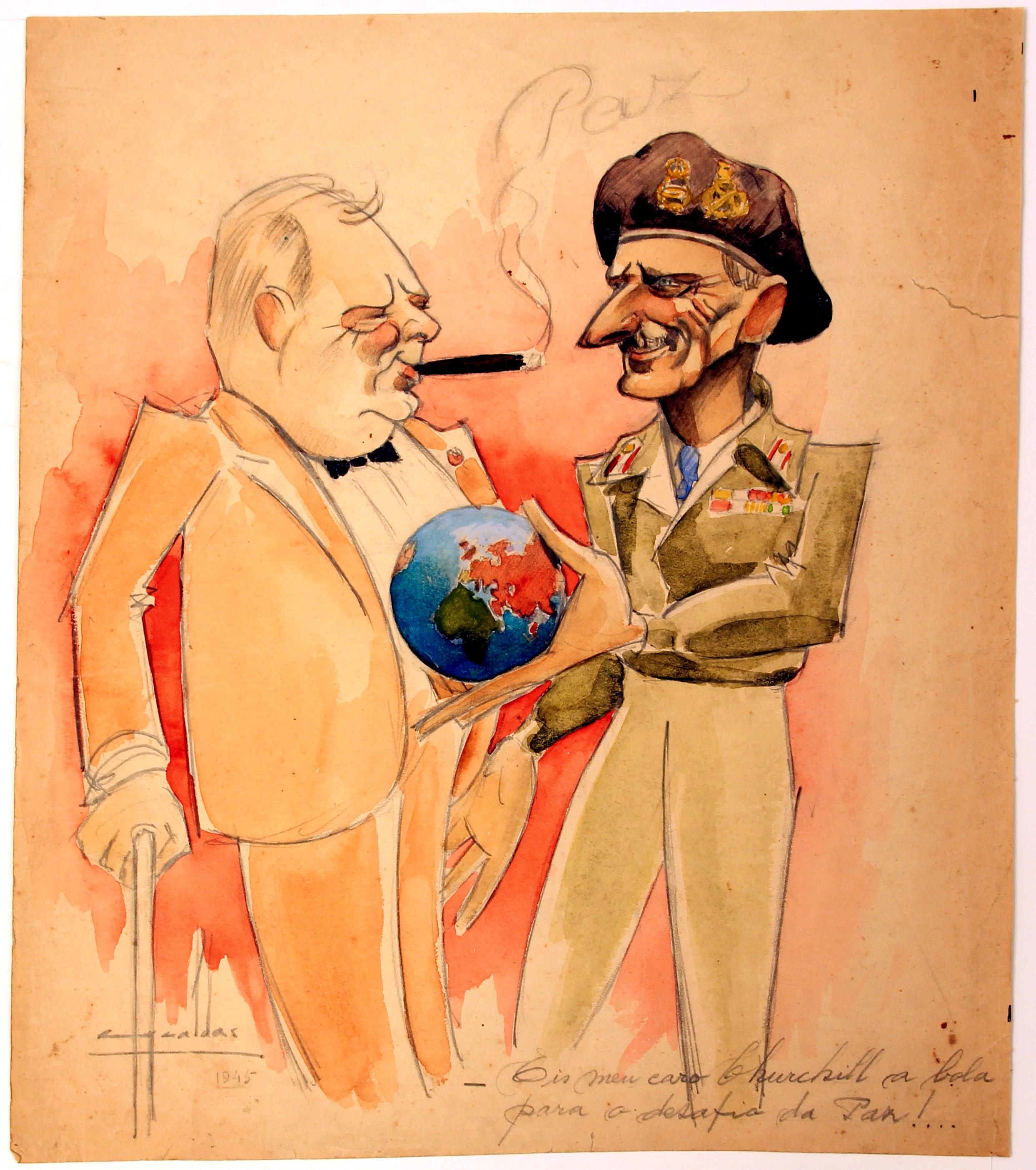 [Caricaturas individuais : Churchill e Montgomery : - Eis meu caro Churchill a bola para o desafio da paz!...]