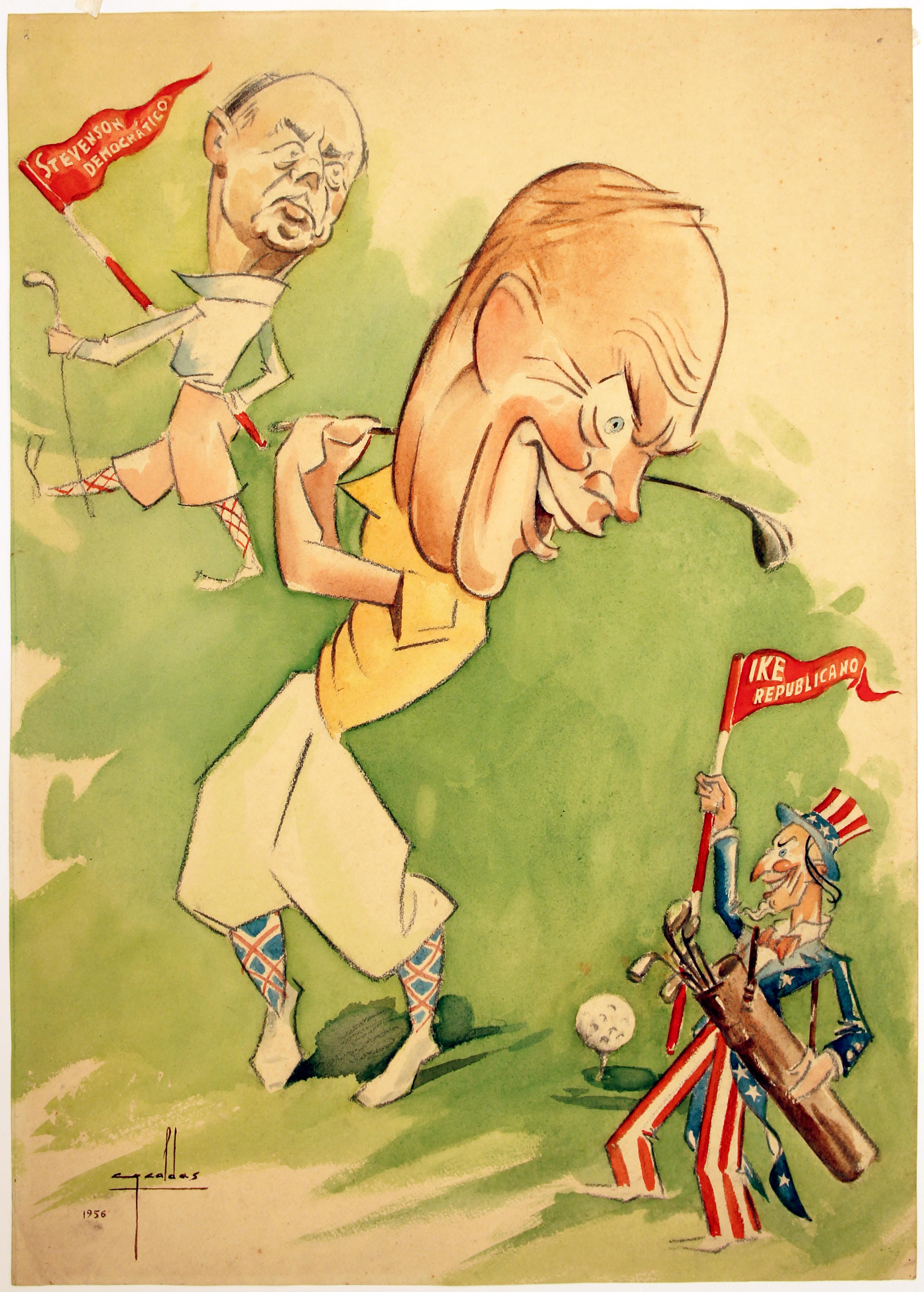 [Caricaturas individuais : Eisenhower vence as eleições presidenciais derrotando o democrata Stevenson num jogo de golf]