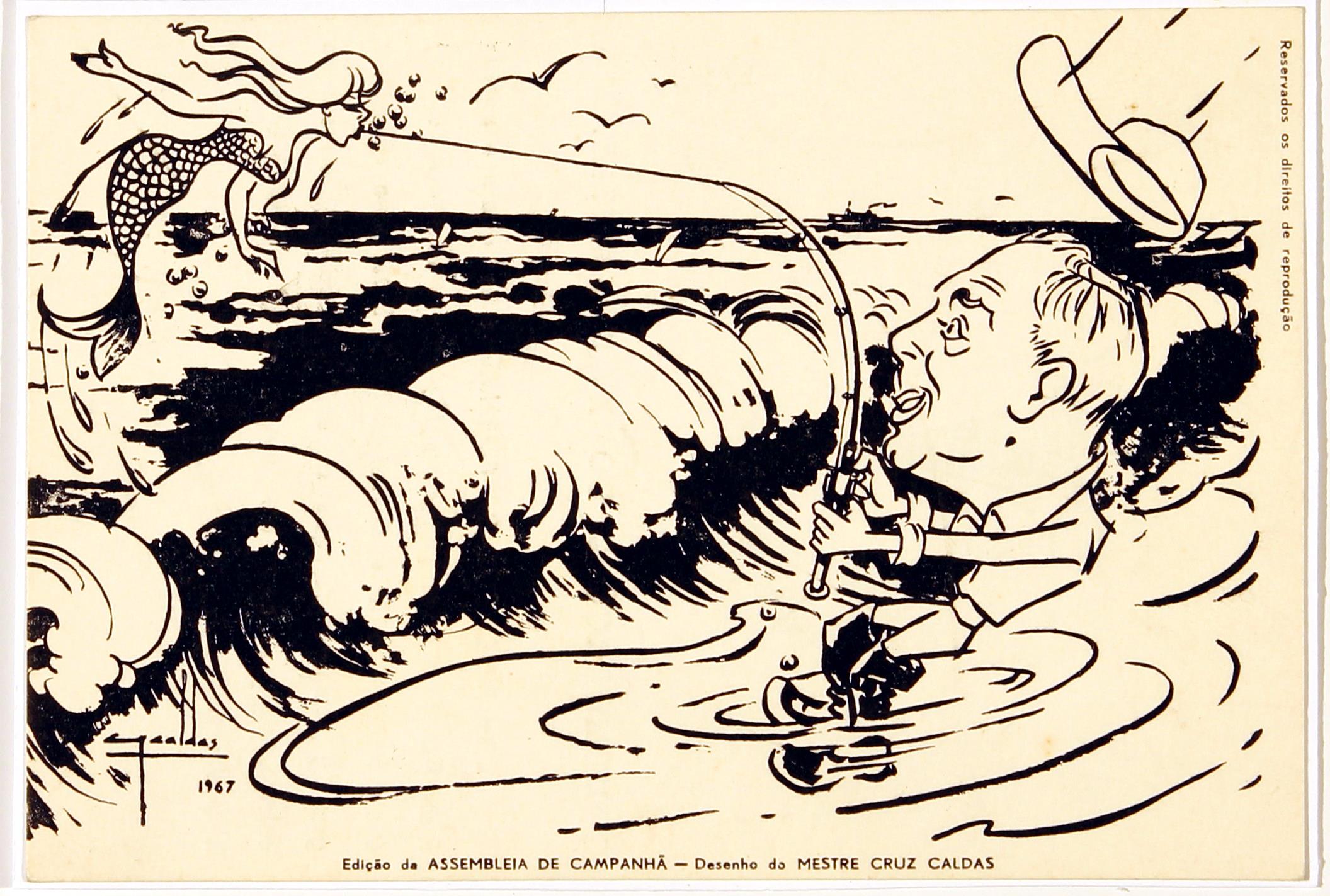 [Assembleia de Campanhã : secção de pesca : desenho humorístico do Juiz António Quintela a pescar uma sereia]