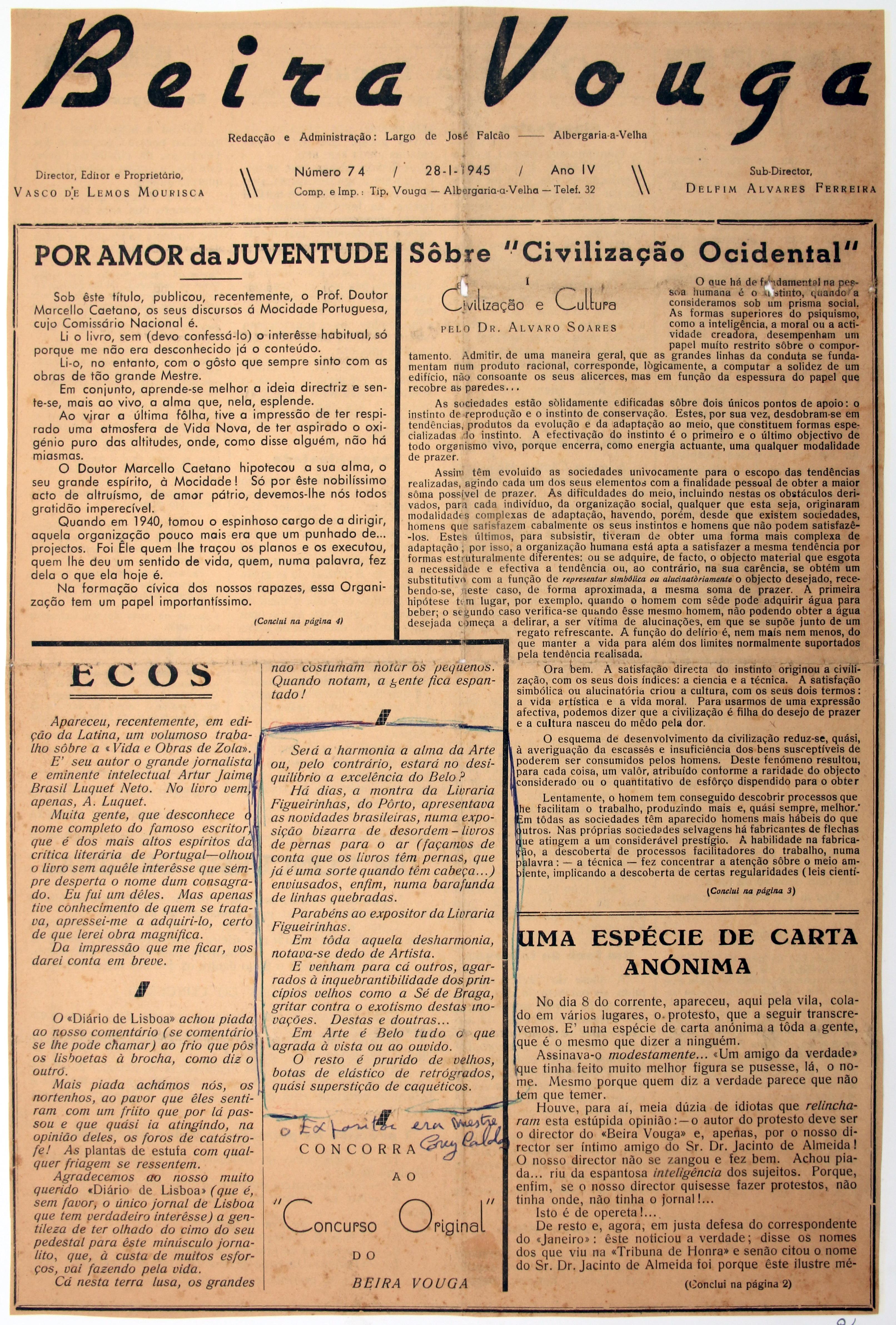 Cruz Caldas (2) : 1928-1946 : «Beira Vouga» : ecos : [decoração da montra da Livraria Figueirinhas]