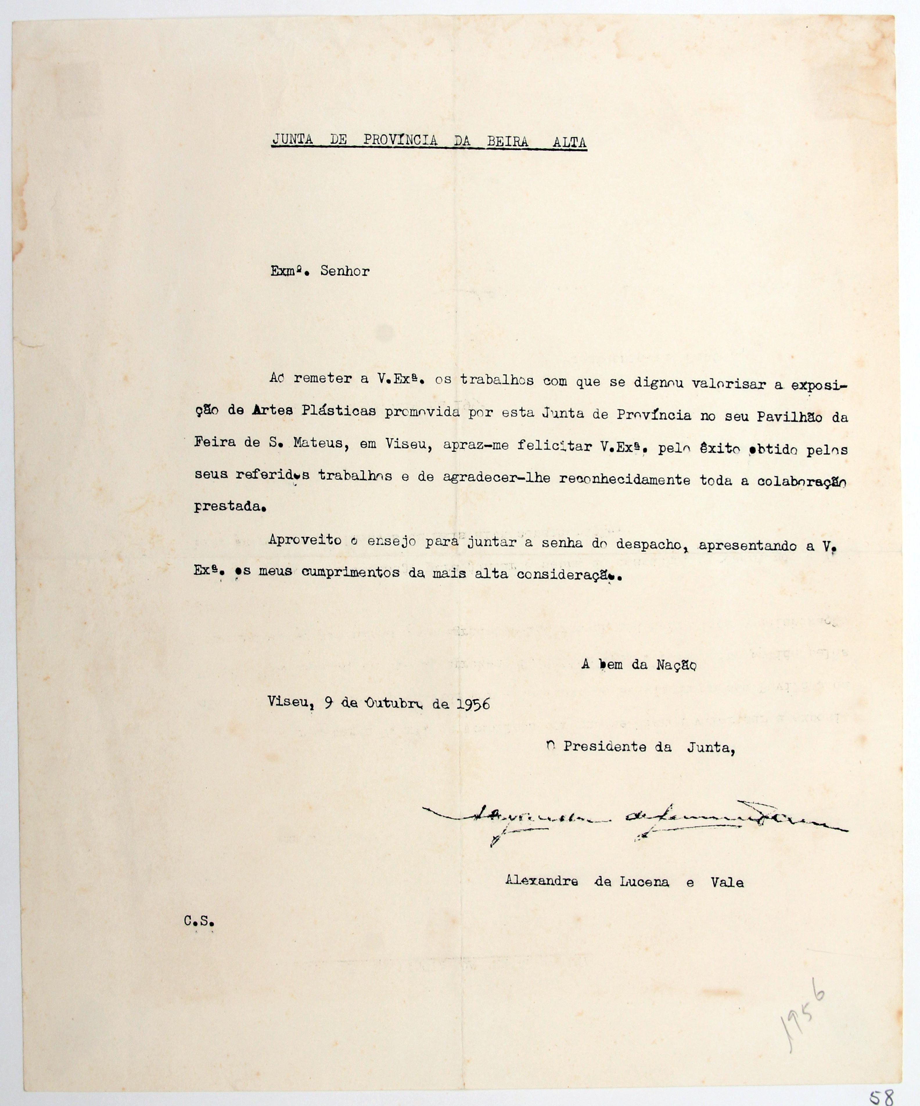 Cruz Caldas (3) : 1946-1965 : [carta da Junta de Província da Beira Alta dirigida a Cruz Caldas