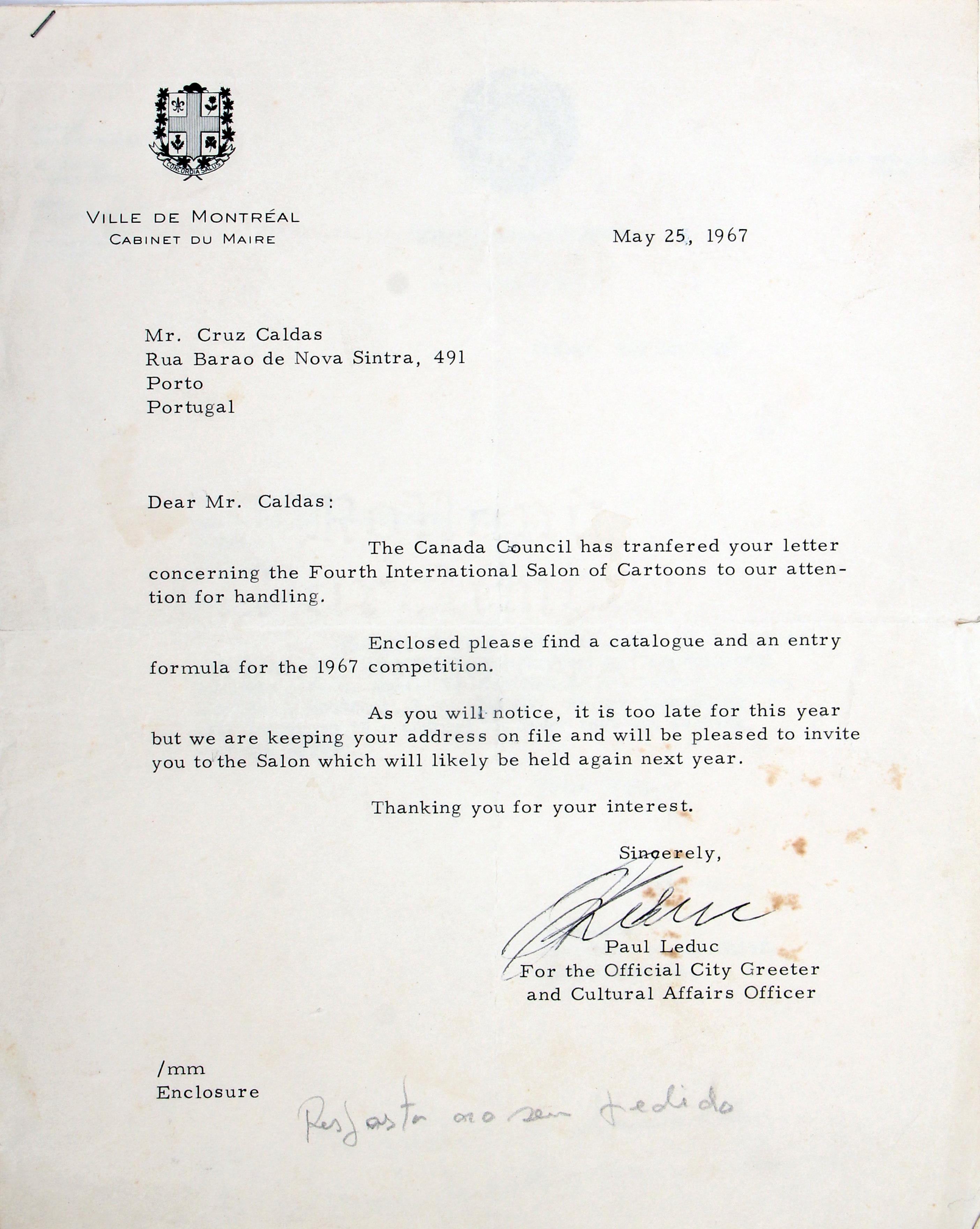 Cruz Caldas (4) : 1966 - 2009 : [carta do oficial de assuntos culturais de Montreal enviada a Cruz Caldas]