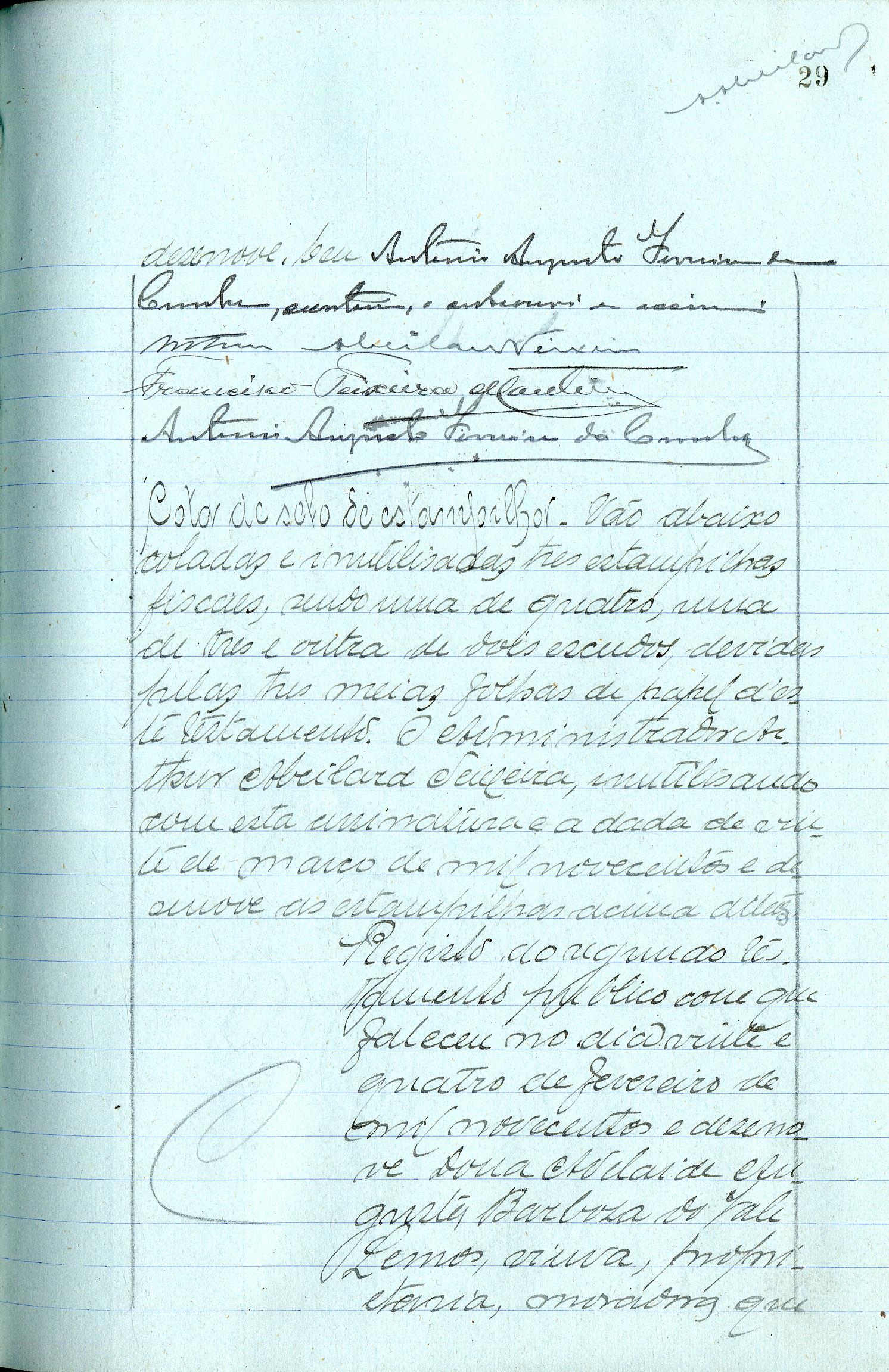 Registo do testamento com que faleceu Adelaide Augusta Barbosa do Vale e Lemos, proprietária