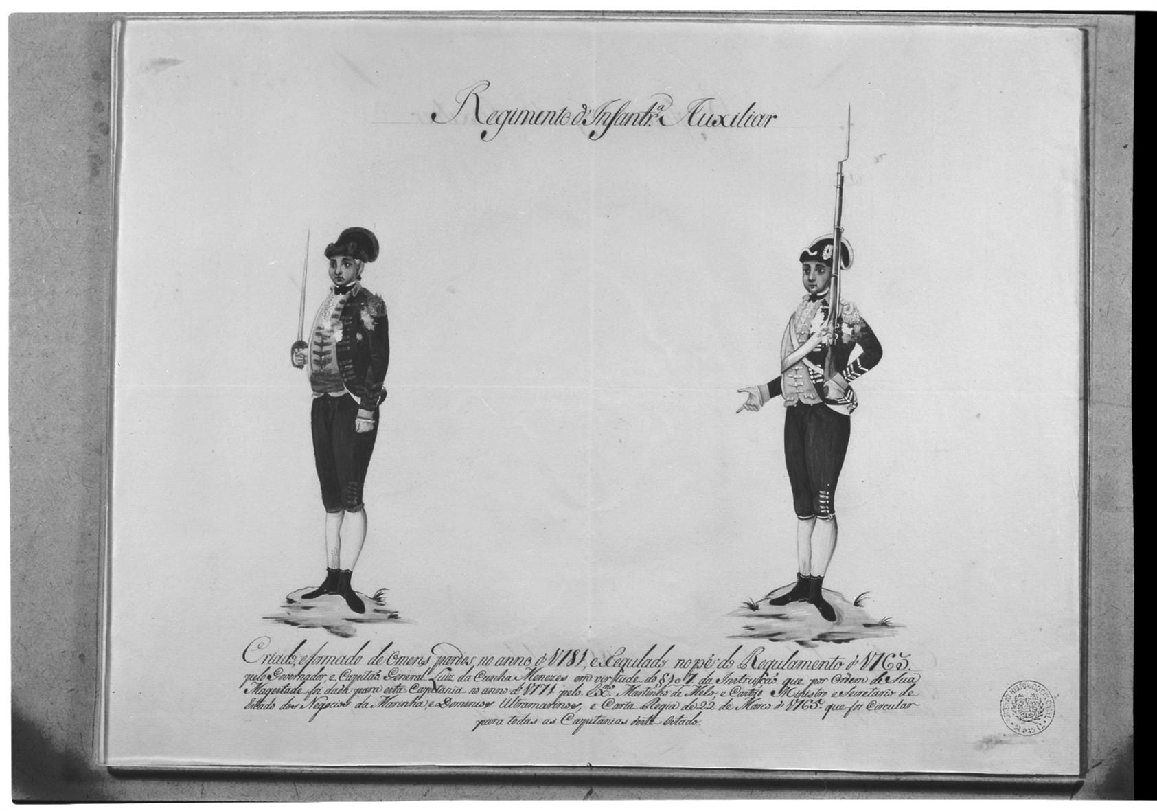 [Exposição Histórico-Militar] : uniformes do Regimento de Infantaria Auxiliar de homens pardos no anno de 1781