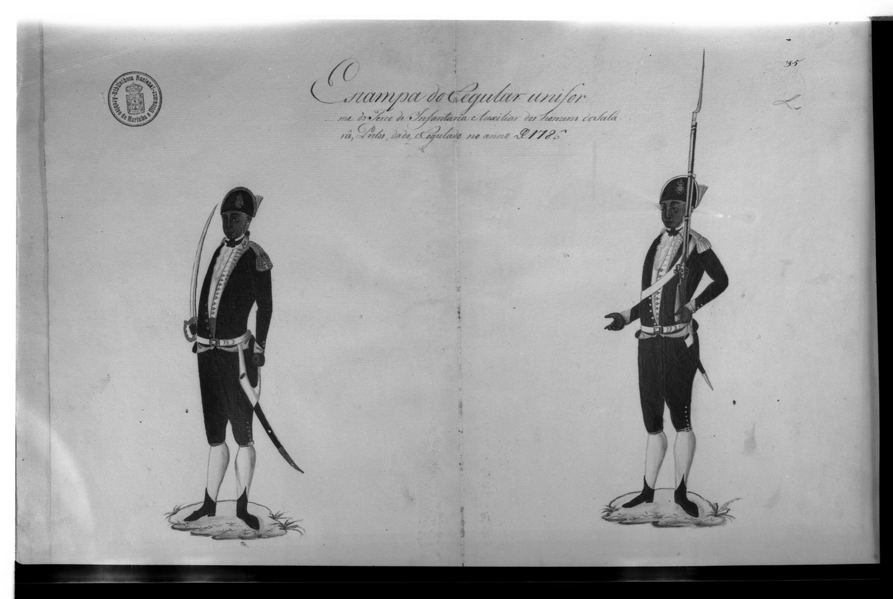 [Exposição Histórico-Militar]  : uniforme do Terço de Infantaria Auxiliar dos homens de Sabará, pretos : 1786
