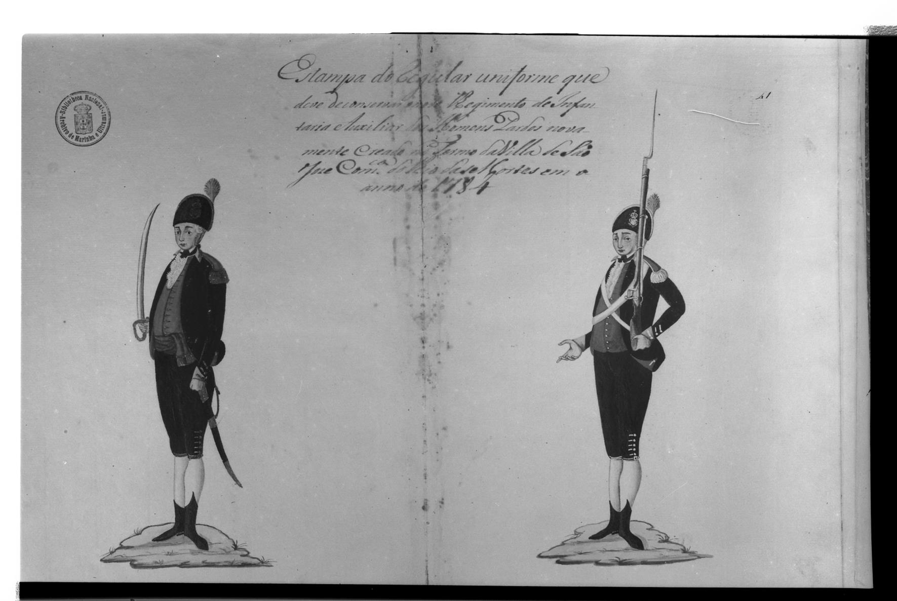 [Exposição Histórico-Militar] : uniforme do regimento de Infantaria Auxiliar dos homens Pardos no termo da Vila de S. José : 1784
