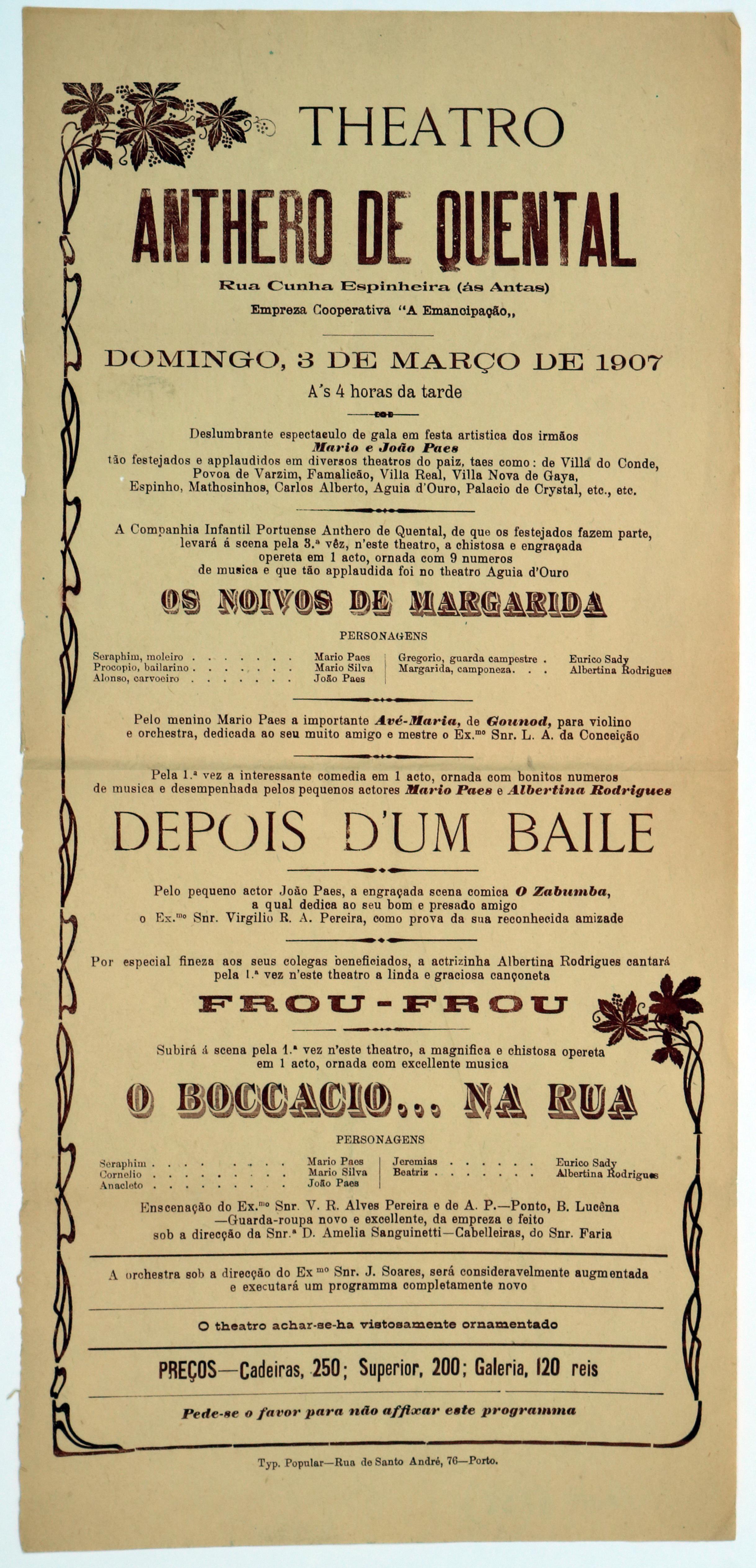 Teatro Antero de Quental : [Programa para] Domingo, 3 de Março de 1907