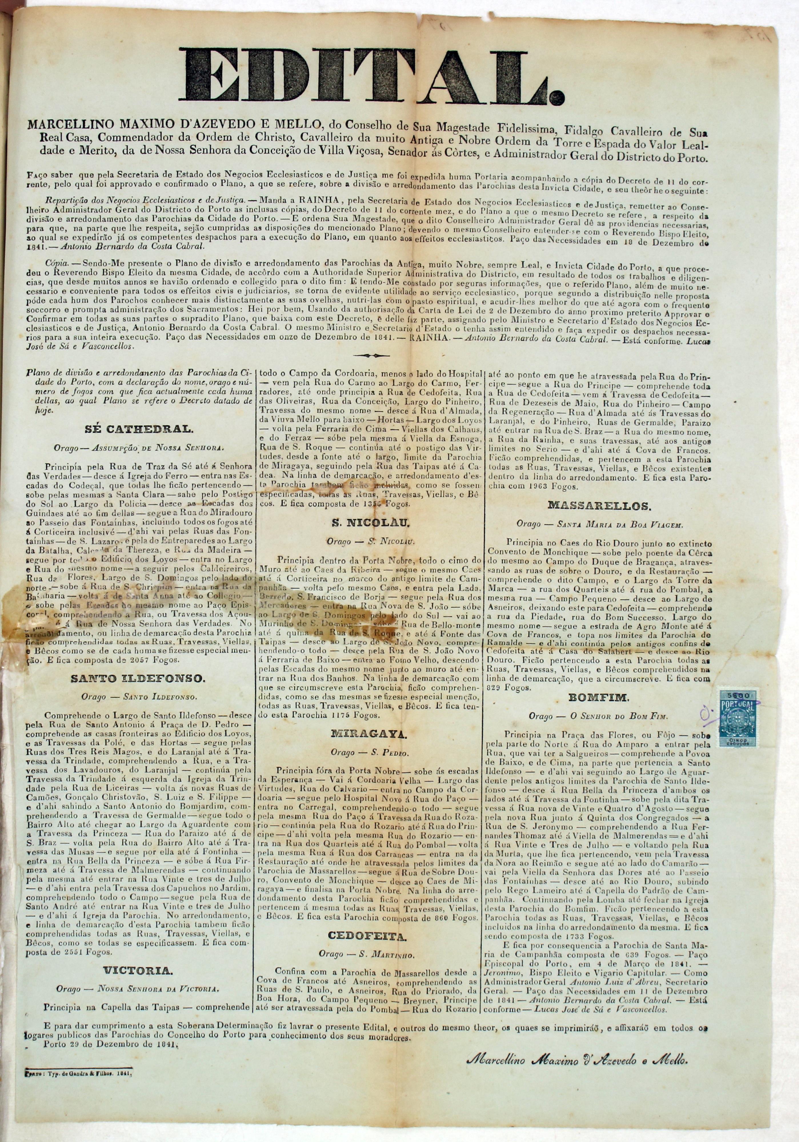 Edital de 29 de Dezembro de 1841 [Plano de divisão e arredondamento das Paróquias da Cidade do Porto]