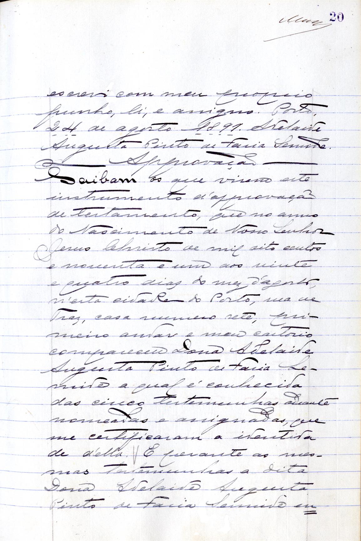 Registo do testamento com que faleceu Adelaide Augusta Pinto de Faria Semide, casada com Manuel José Rodrigues Semide