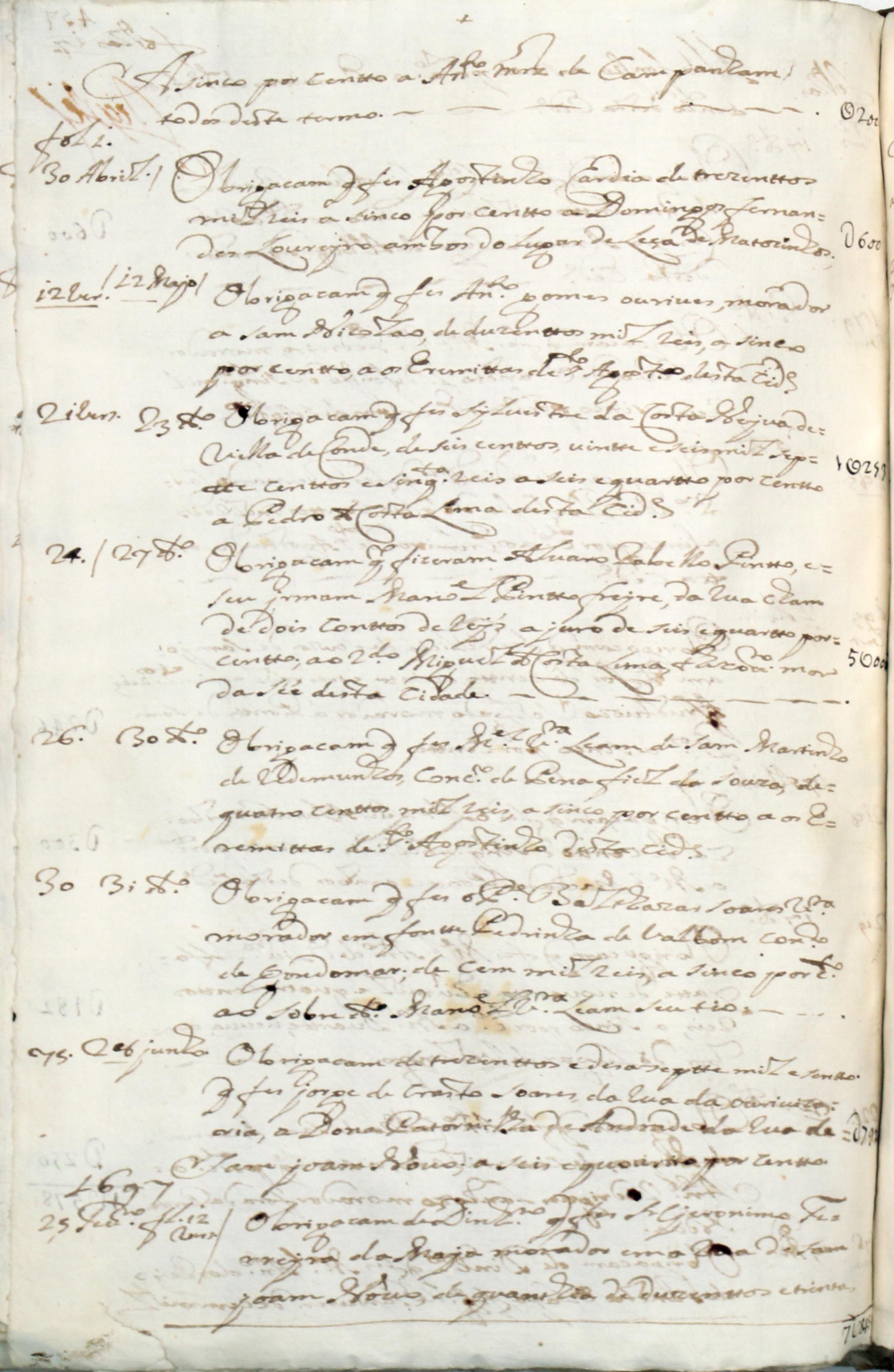 Certidão feita pelo tabelião das notas da Manuel Coelho da Cunha sobre o dinheiro entregue entre 1686 e 1698