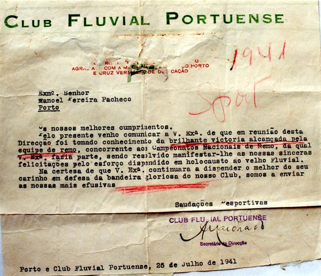 Clube Fluvial Portuense : Campeonato Nacional de Remo : correspondência