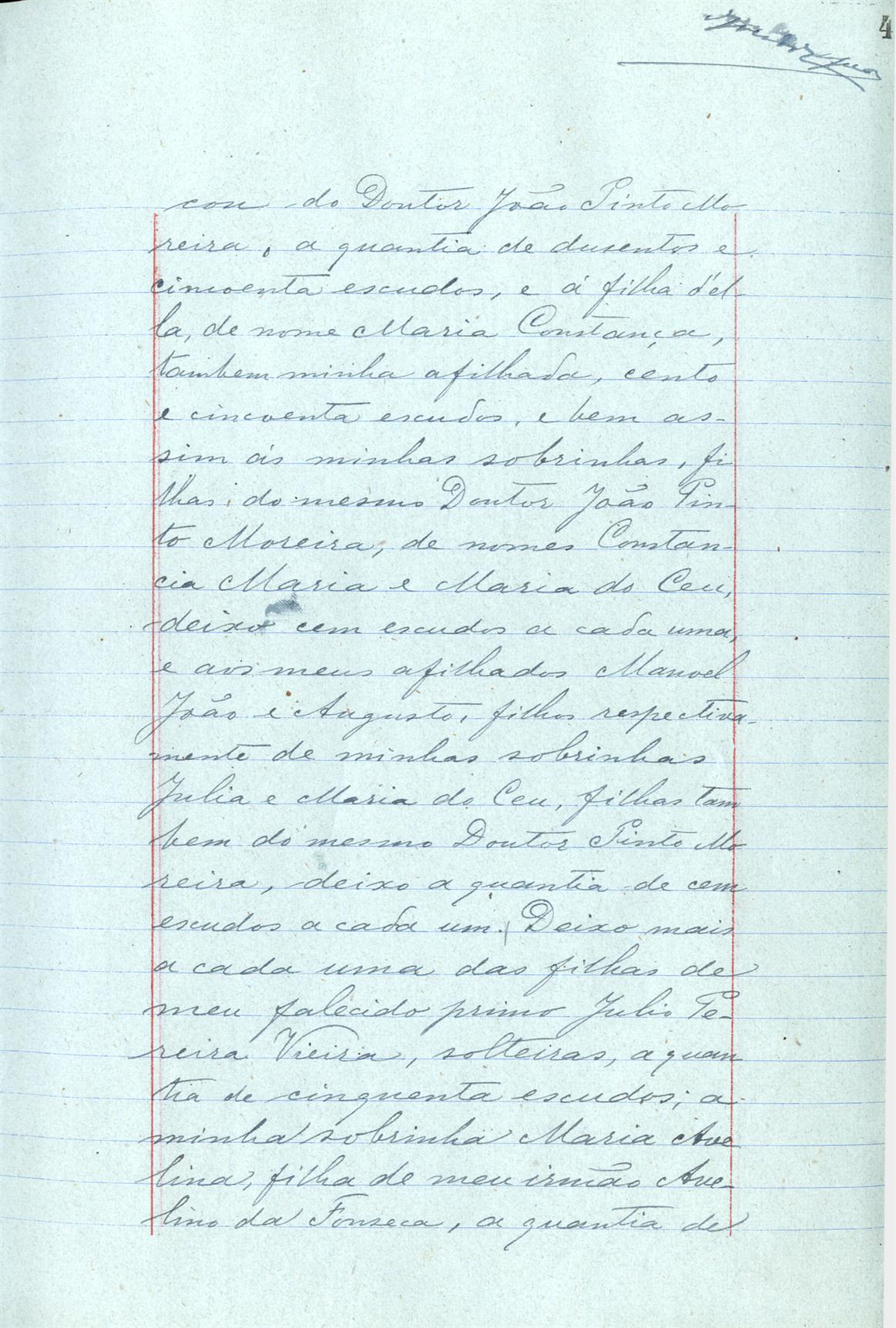 Registo do testamento com que faleceu Manuel Eleutério Pereira da Fonseca, proprietário, casado com Ana Cândida Moreira da Fonseca