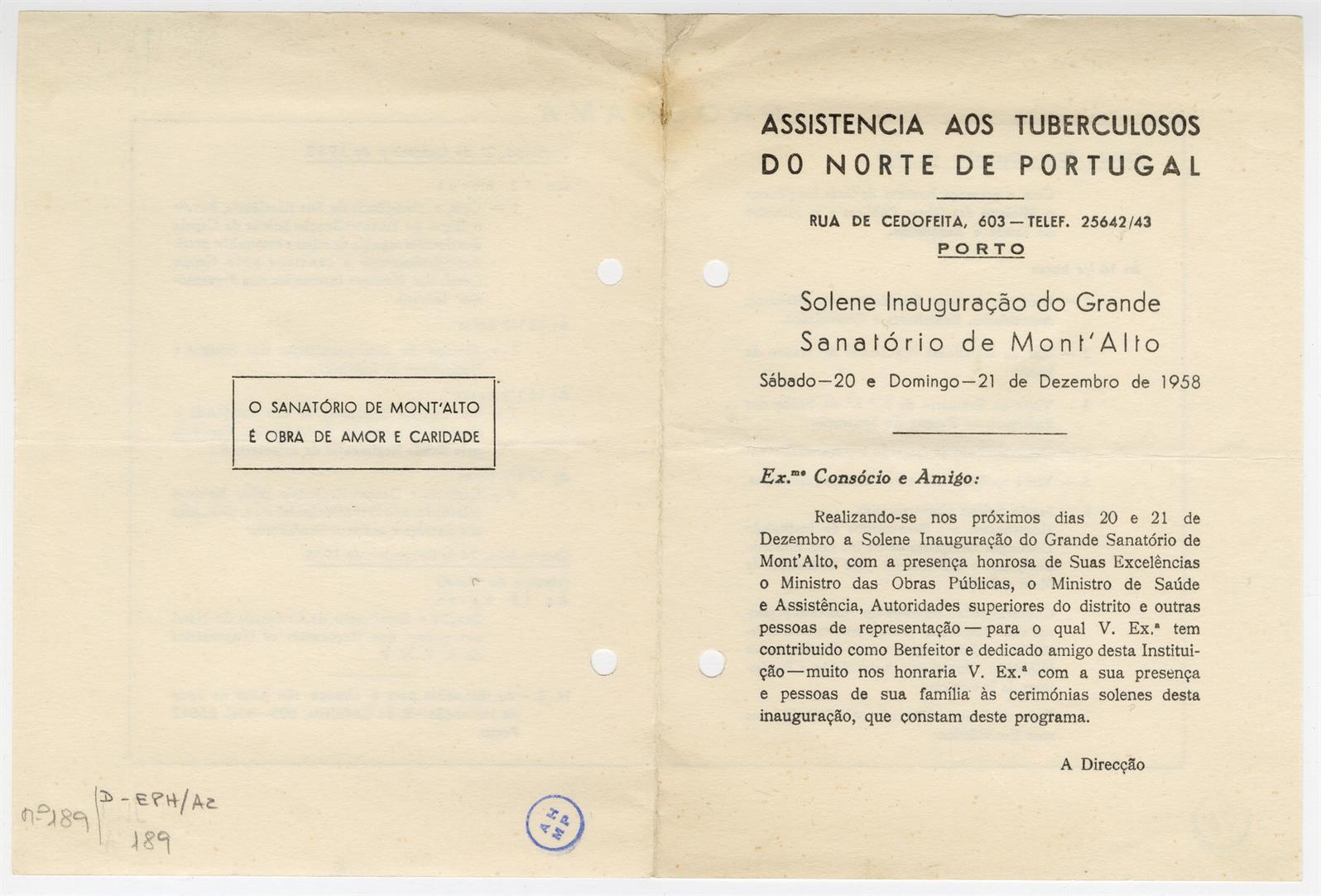 Assistência aos Tuberculosos do Norte de Portugal: solene inauguração do grande Sanatório de Montalto
