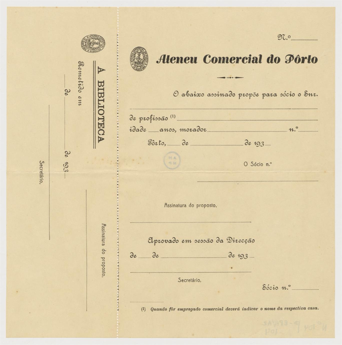 Proposta para admissão de sócio no Ateneu Comercial do Porto