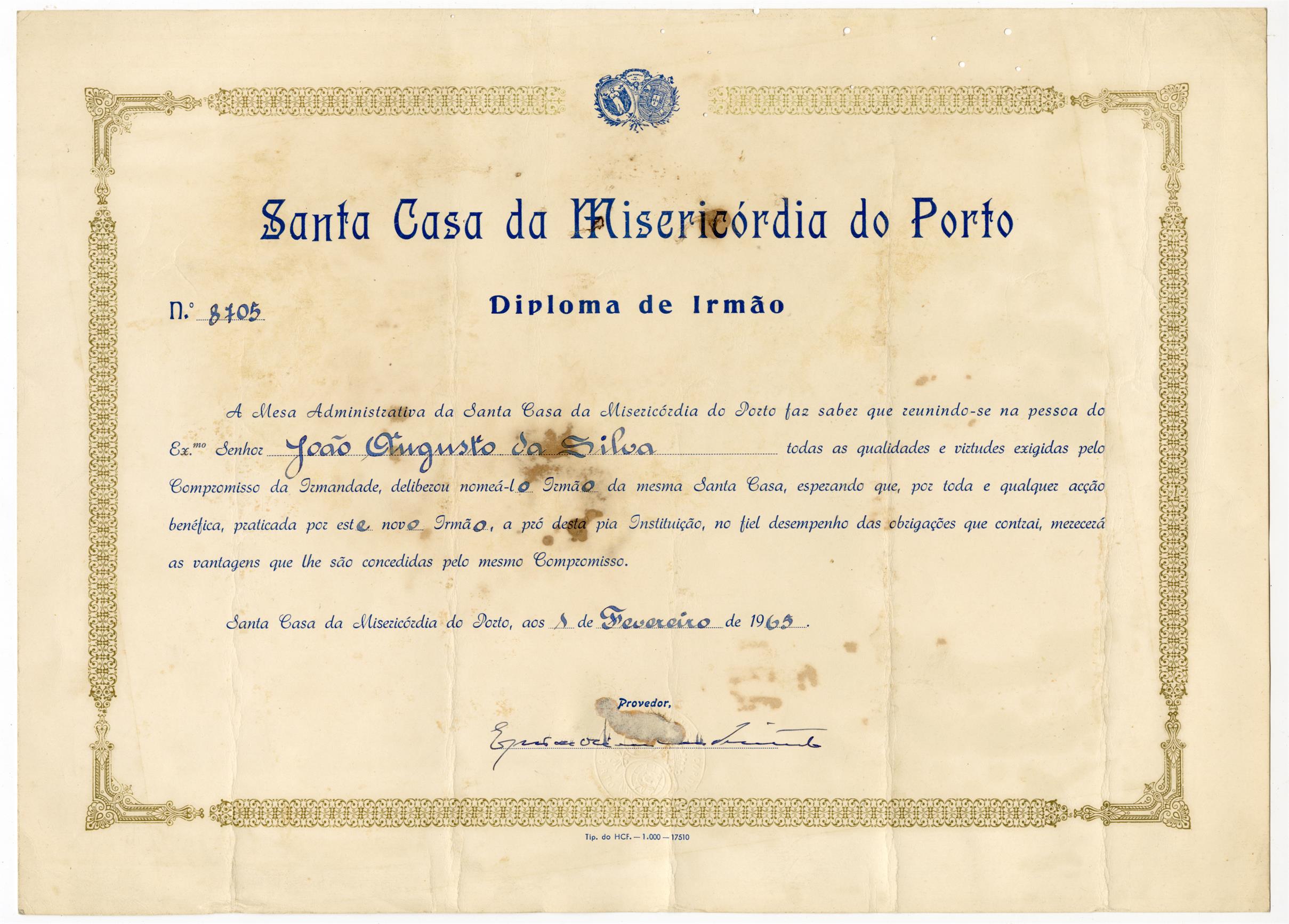 Santa Casa da Misericórdia do Porto: diploma de irmão