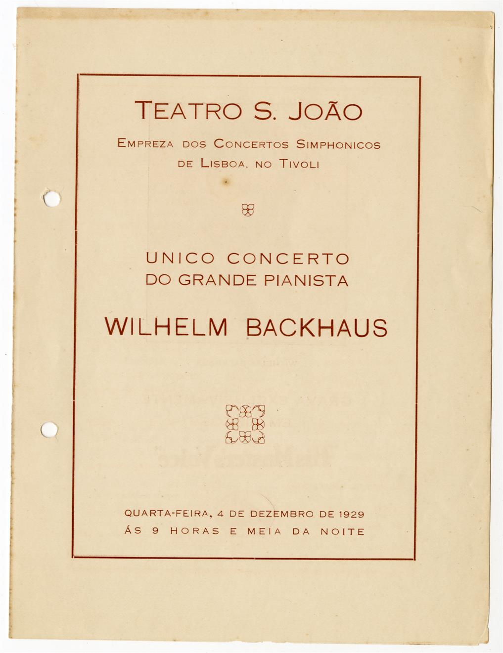 Teatro São João : único concerto do grande pianista Wilhelm Backhaus