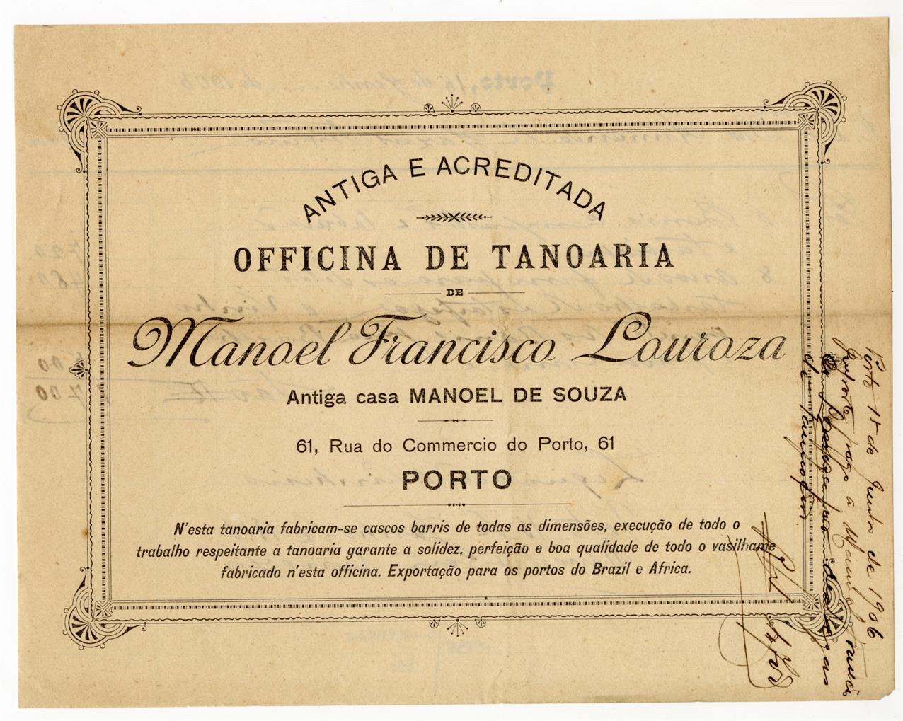 [Recibo da antiga e acreditada oficina de tanoaria de Manuel Francisco Lourosa, antiga casa Manuel de Sousa]