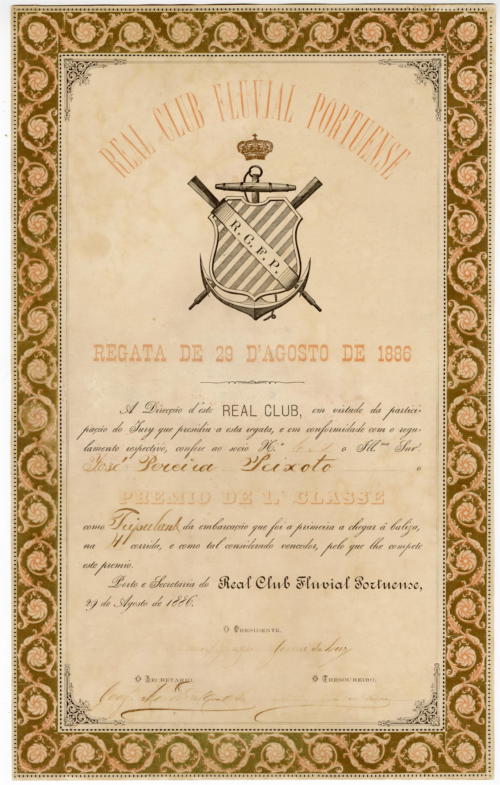 Real Clube Fluvial Portuense : regata de 29 de agosto de 1886 : prémio de 1.ª classe