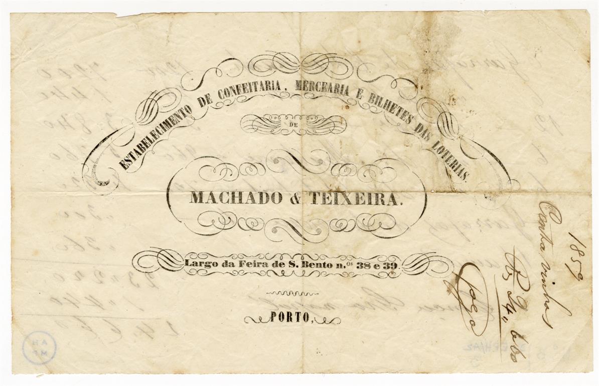 Estabelecimento de confeitaria, mercearia e bilhetes das lotarias de Machado e Teixeira no Largo da Feira de São Bento n.º 38 e 39, Porto