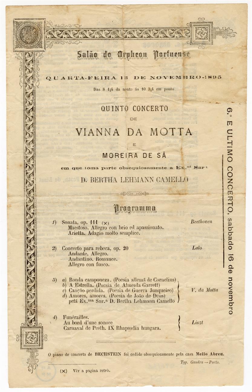 Salão do Orfeão Portuense: quinto Concerto de Viana da Mota e de Moreira de Sá