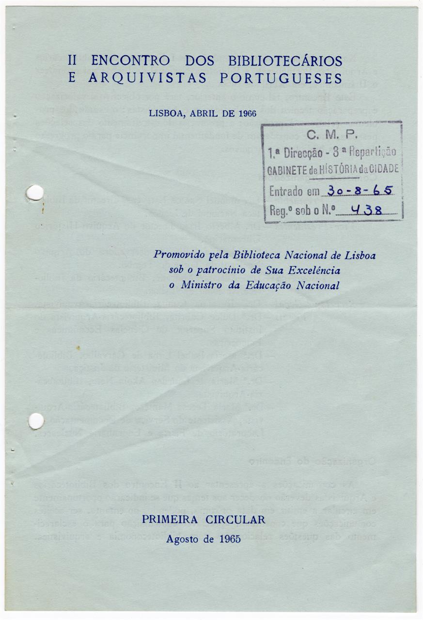 II Encontro dos Bibliotecários e Arquivistas Portugueses : primeira circular