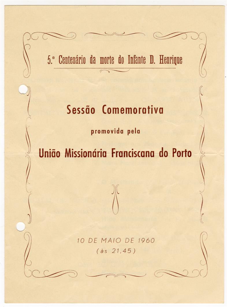 5.º Centenário da Morte do Infante D. Henrique: sessão comemorativa promovida pela União Missionária Franciscana do Porto