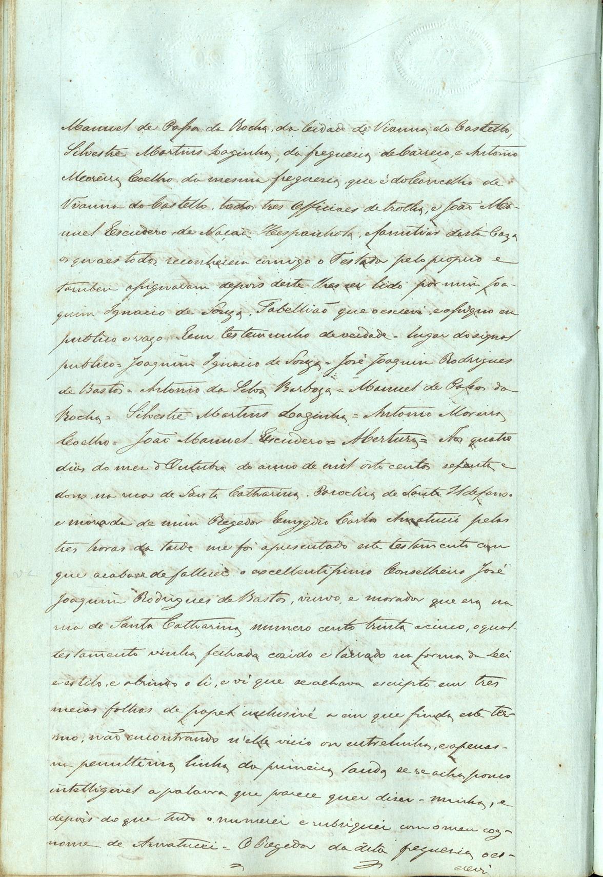 Registo do testamento com que faleceu José Joaquim Rodrigues de Bastos, conselheiro