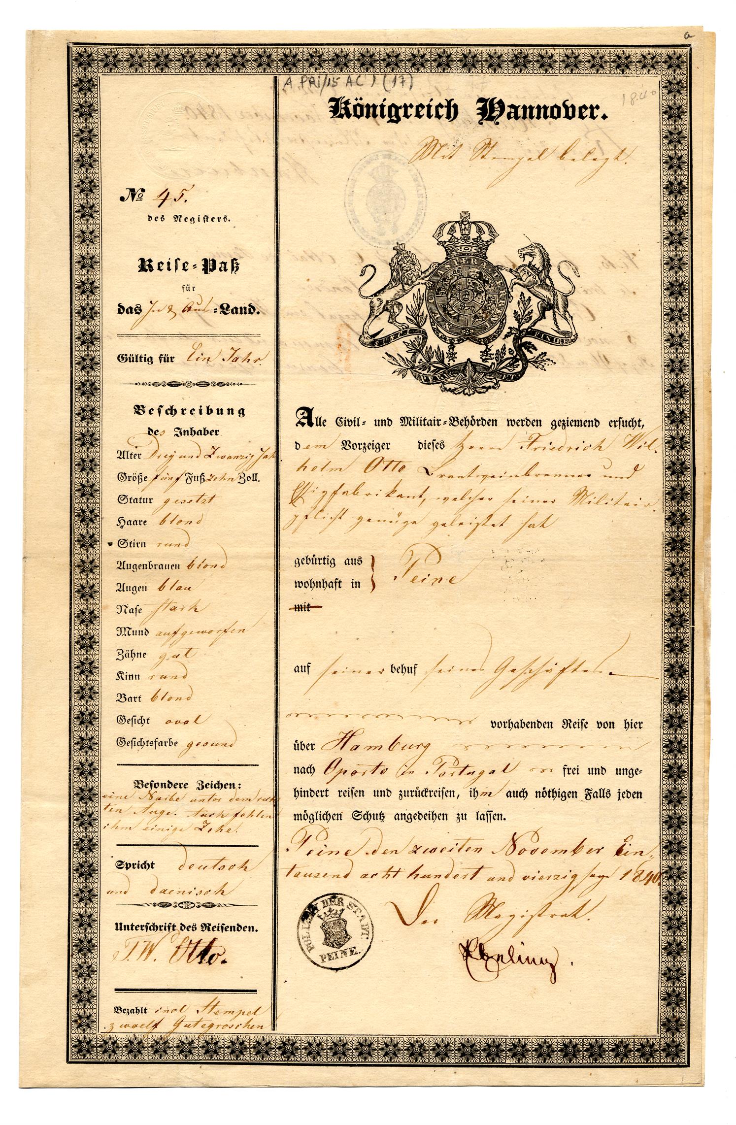 Passaporte de Friedrich Wilhelm Otto