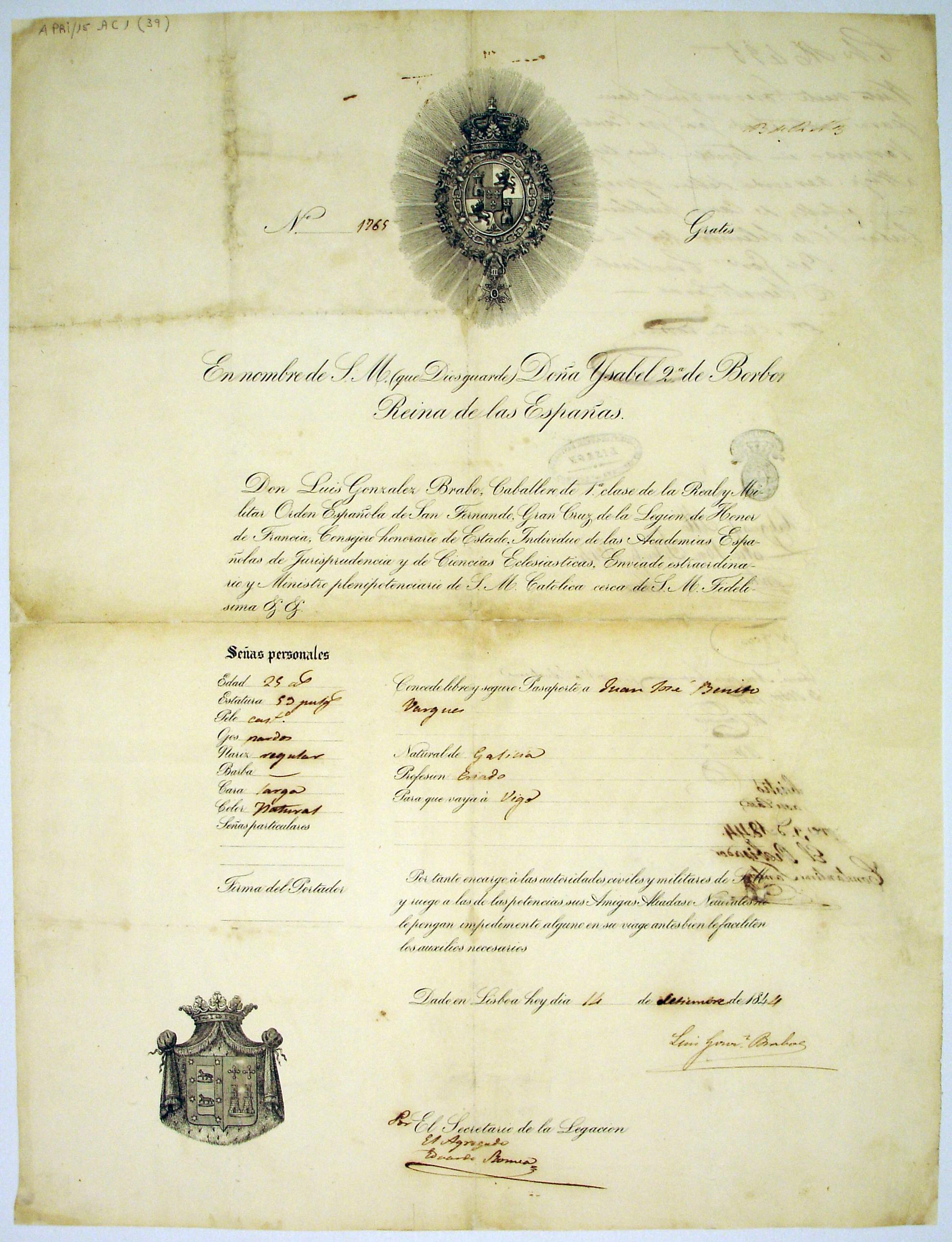 Passaporte de Juan José Benito Vargues