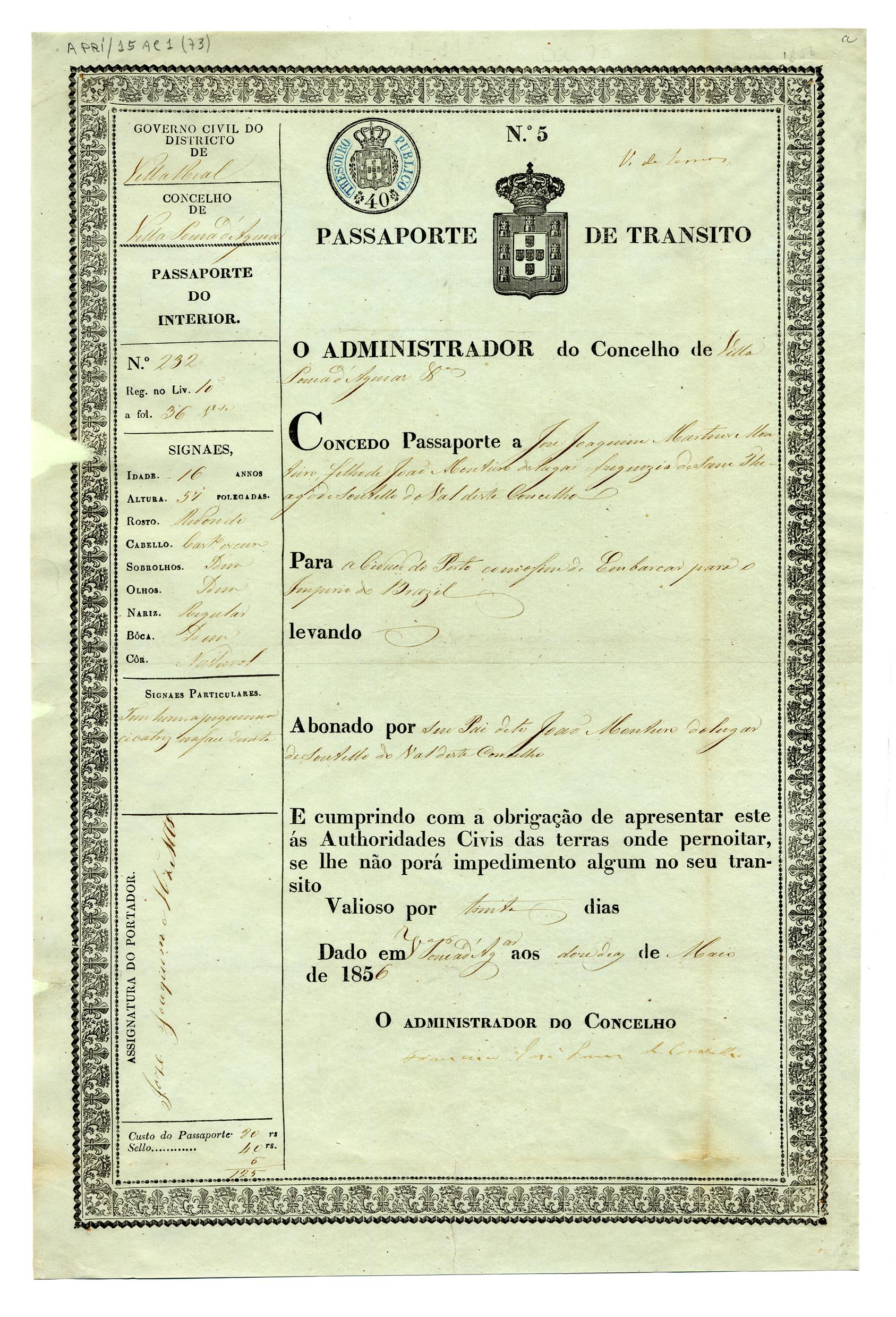 Passaporte de trânsito de José Joaquim Martins Monteiro
