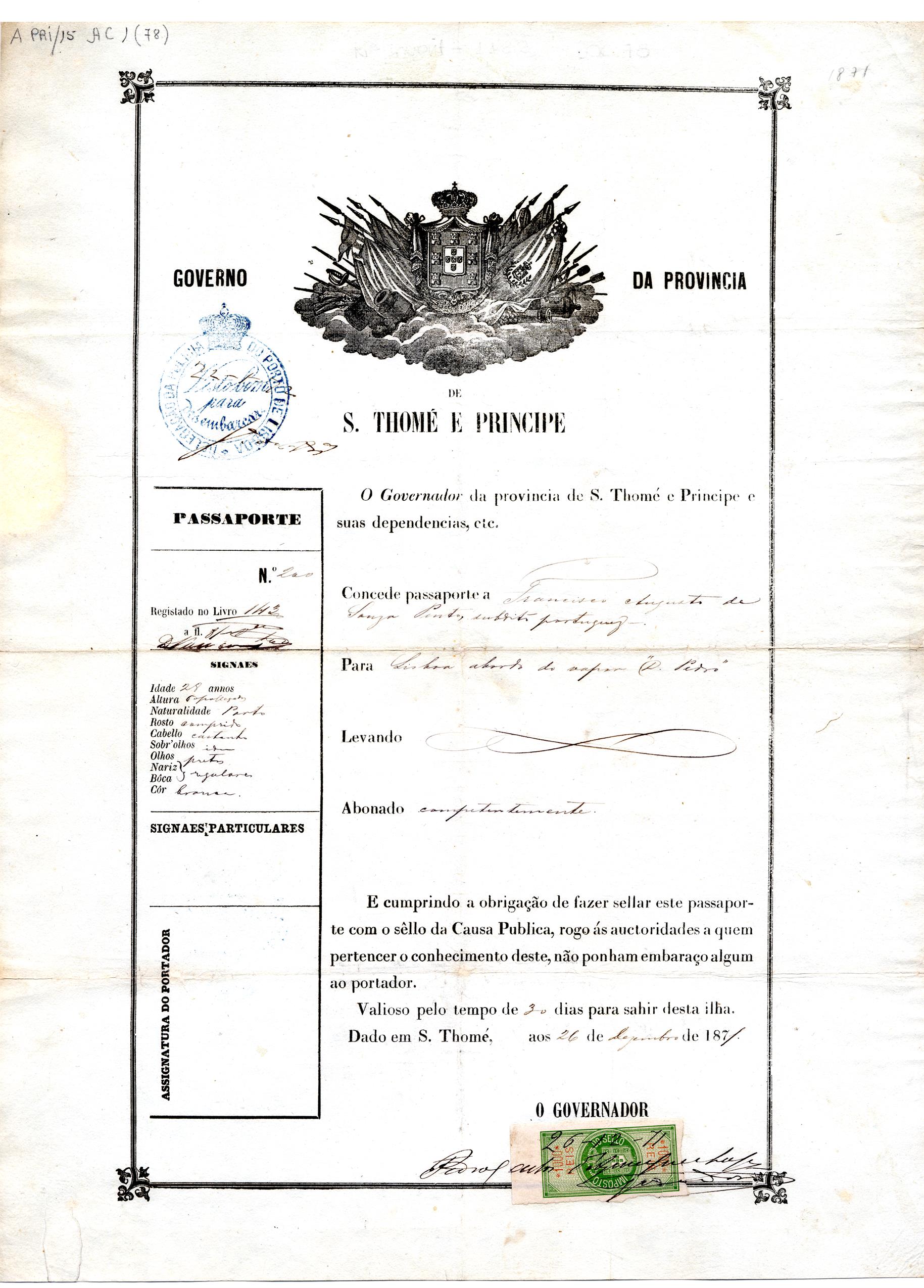 Passaporte de Francisco Augusto de Sousa Pinto