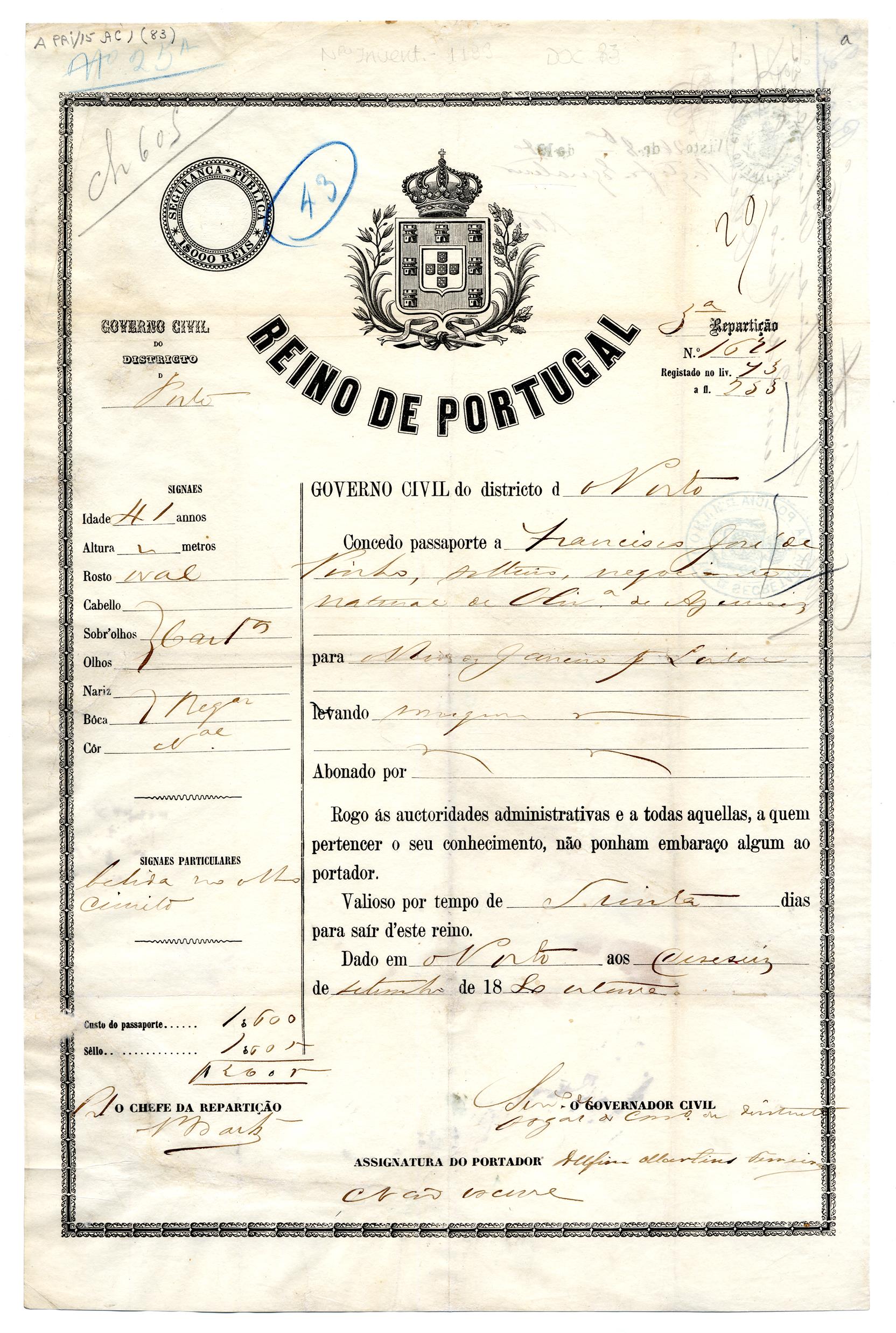 Passaporte de Francisco José de Pinho