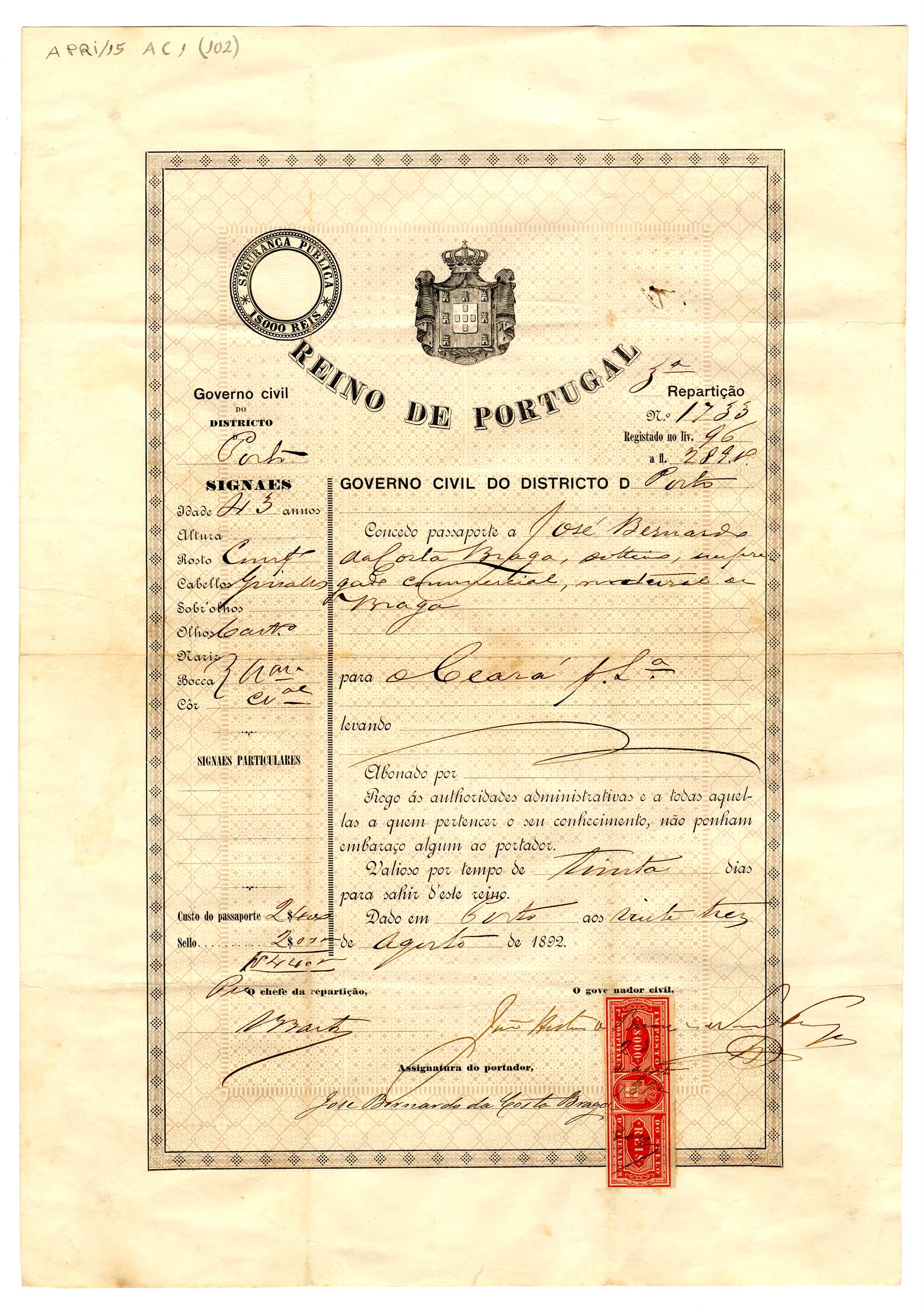 Passaporte de José Bernardo da Costa Braga