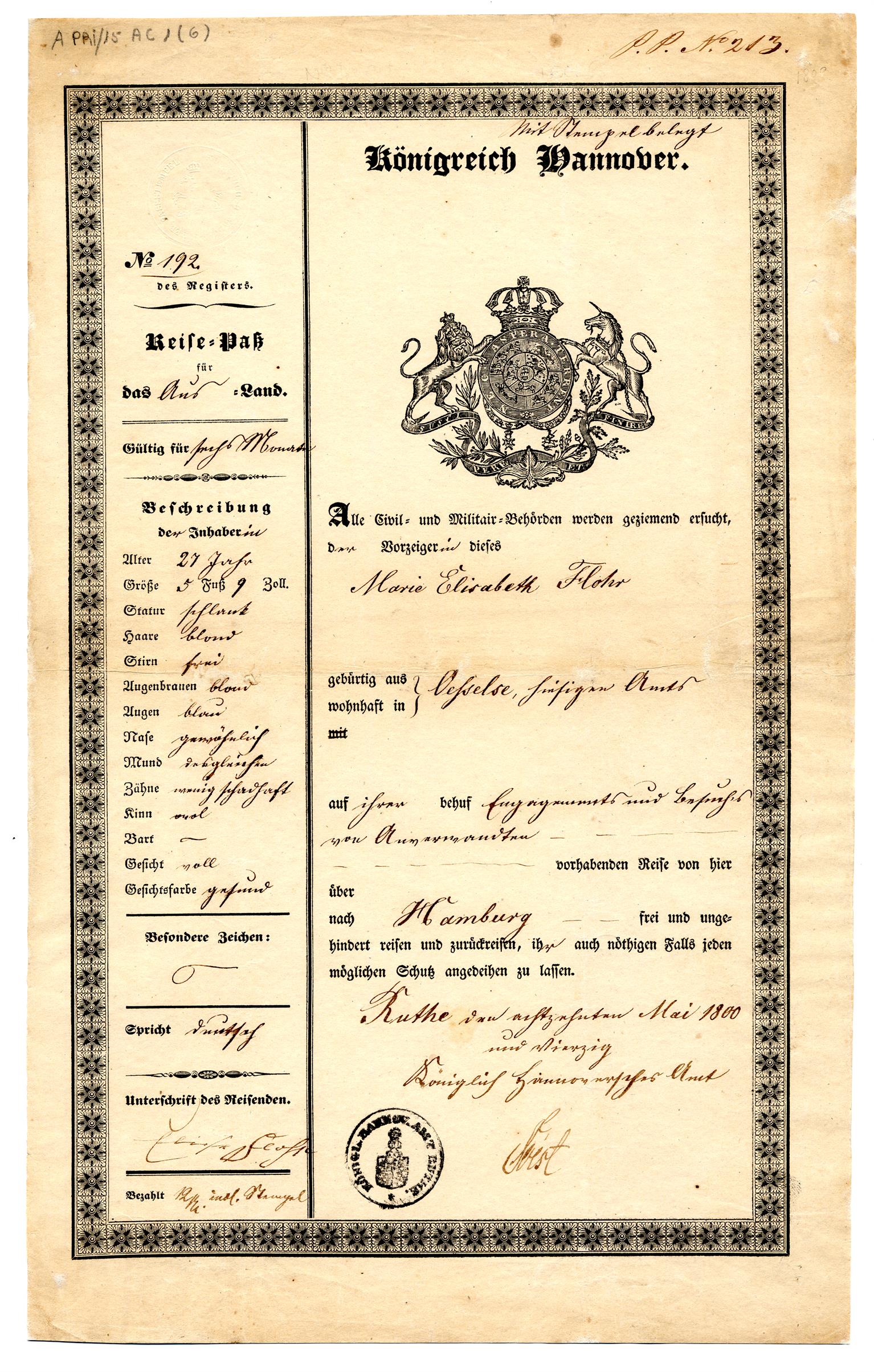 Passaporte de Marie Elisabeth Flohr