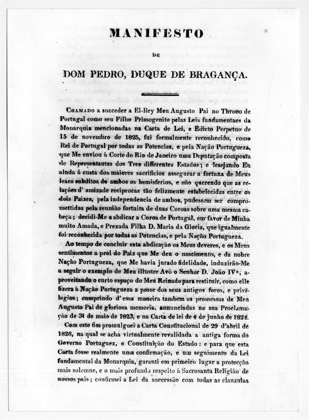 O cerco do Porto : exposição comemorativa do 150º aniversário : Manifesto de D. Pedro Duque de Bragança