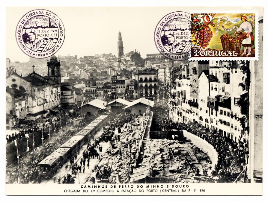Caminhos de Ferro do Minho e Douro : chegada do 1.° comboio à estação do Porto (central) em 7-11-896