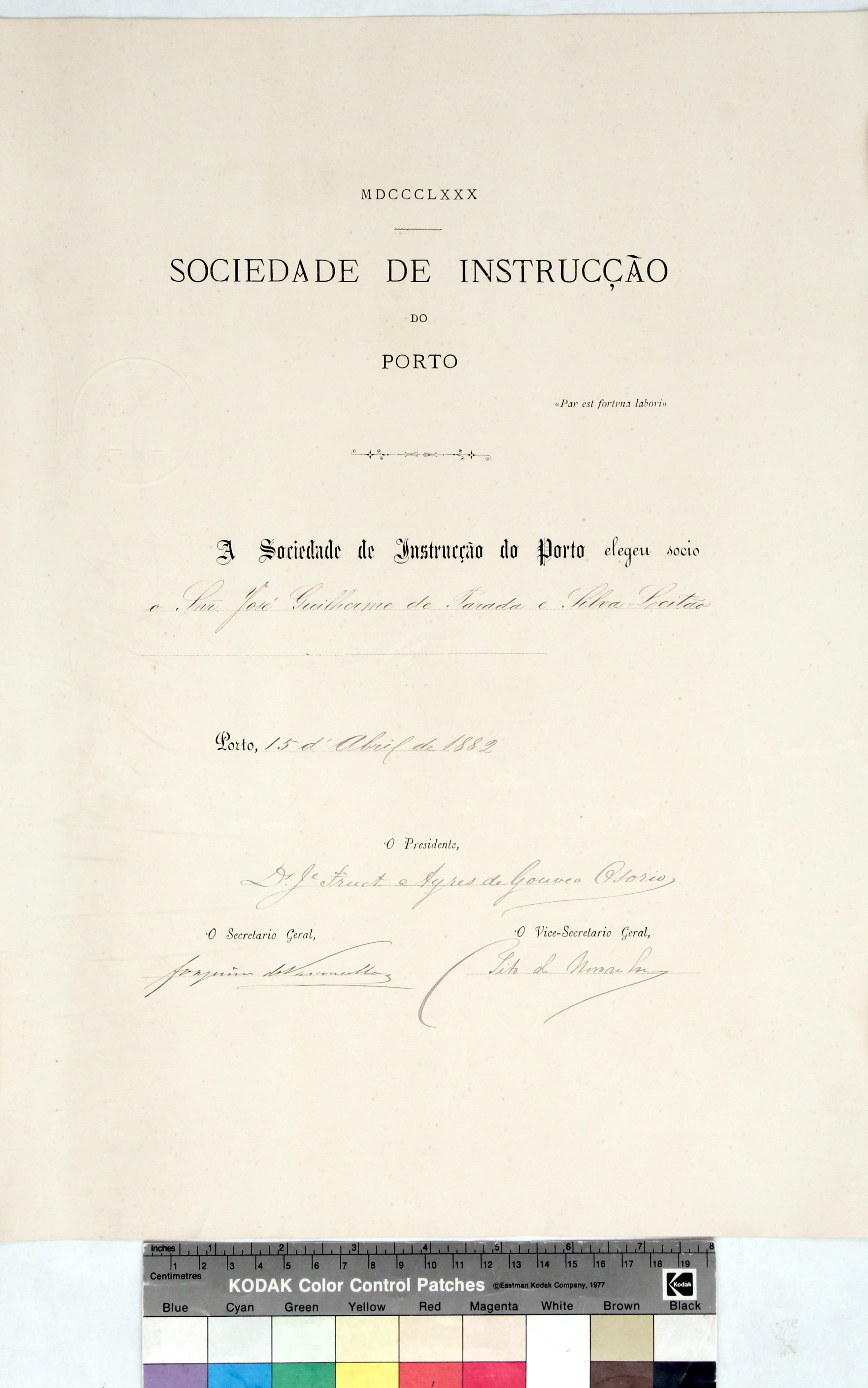 Sociedade de Instrução do Porto : [diploma de sócio]