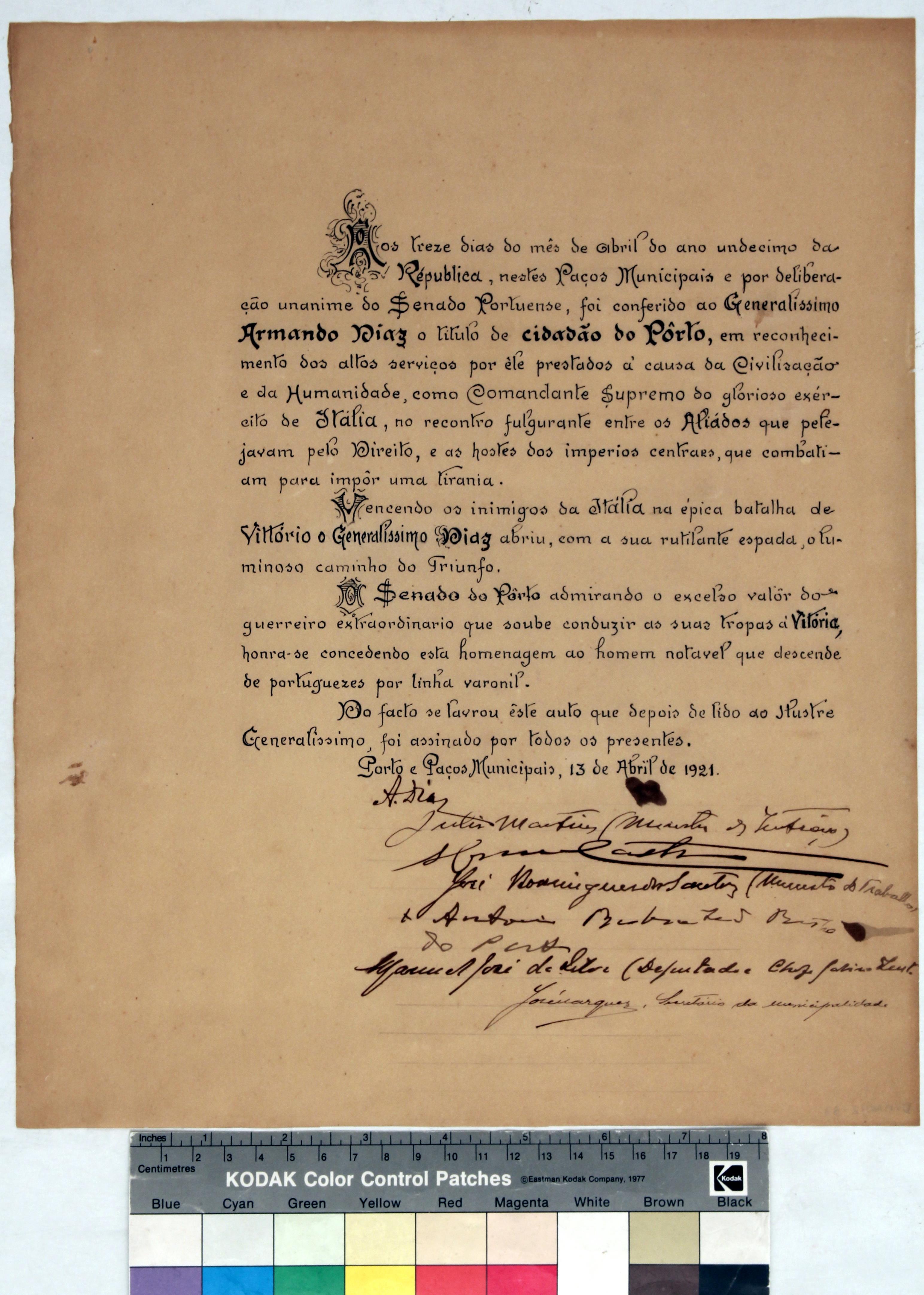 [Auto de concessão do título de cidadão do Porto ao generalíssimo Armando Diaz em reconhecimento pelos serviços prestados na Batalha de Vitório]