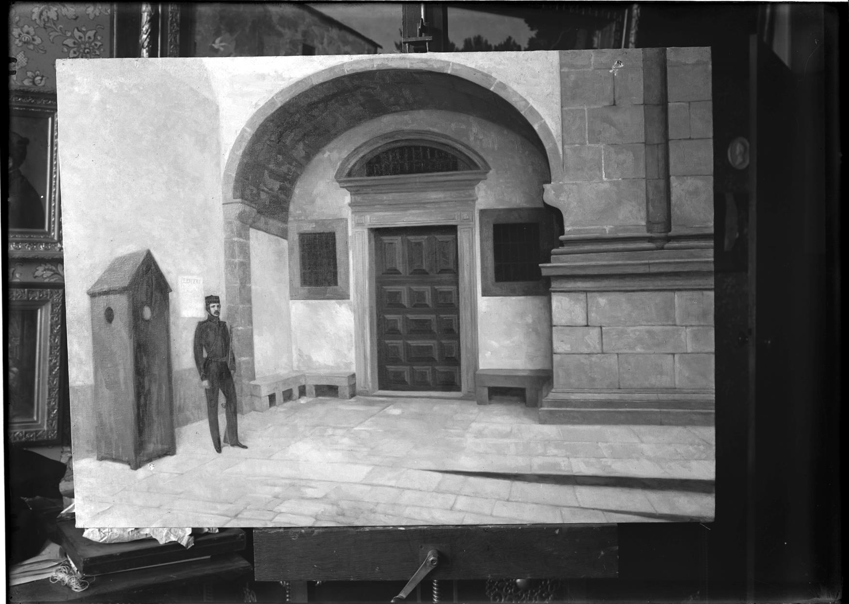 Almeida Garrett de sentinela à porta do Convento dos Grilos : pintura