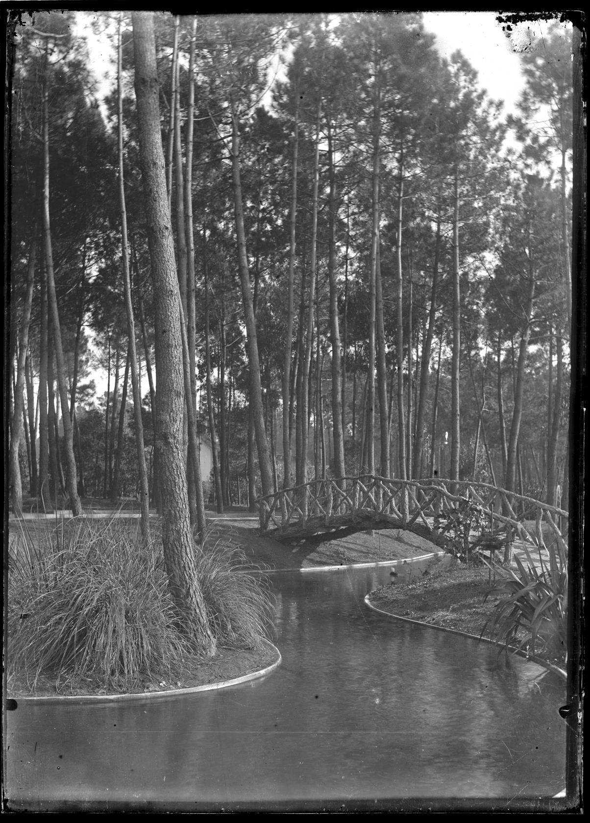 Lago com pequena ponte de madeira, num jardim