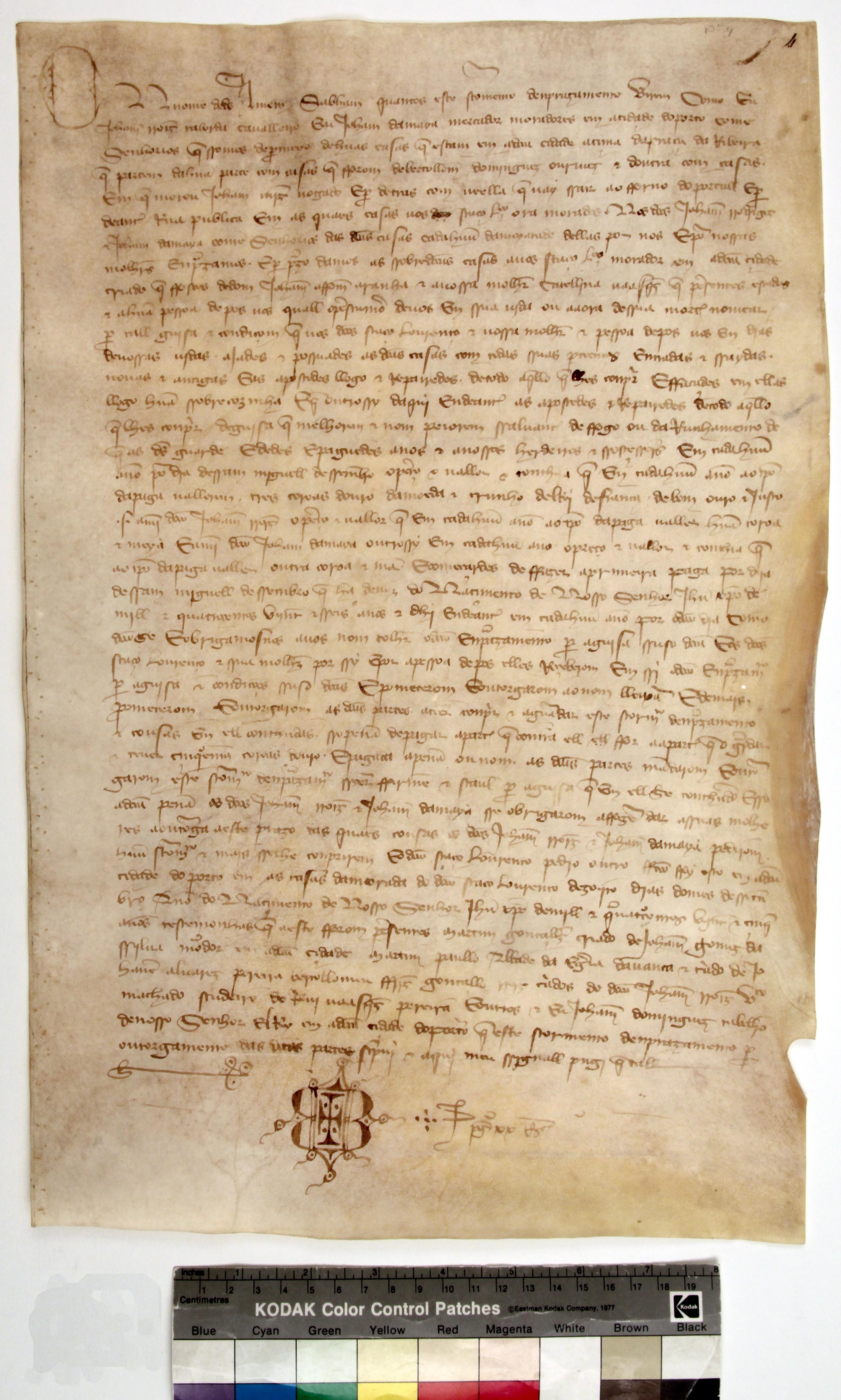 [Carta de emprazamento de umas casas situadas nas imediações da Praça de Ribeira que fez João Rodrigues Taborda e João da Maia a Estaço Lourenço]