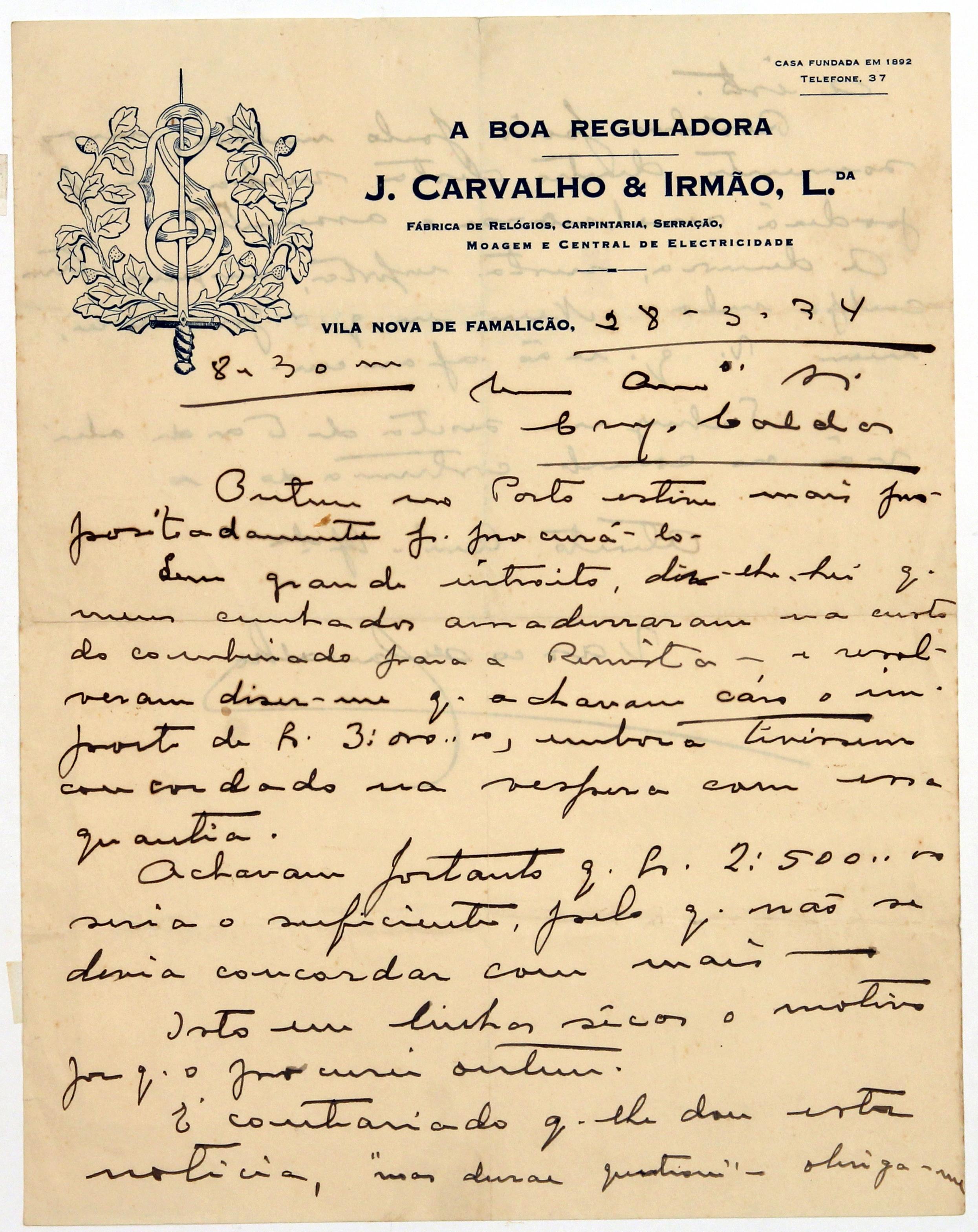 Cruz Caldas e Vasco de Carvalho: "A Boa Reguladora": relógios : [carta oficial enviada por Vasco de Carvalho a Cruz Caldas]