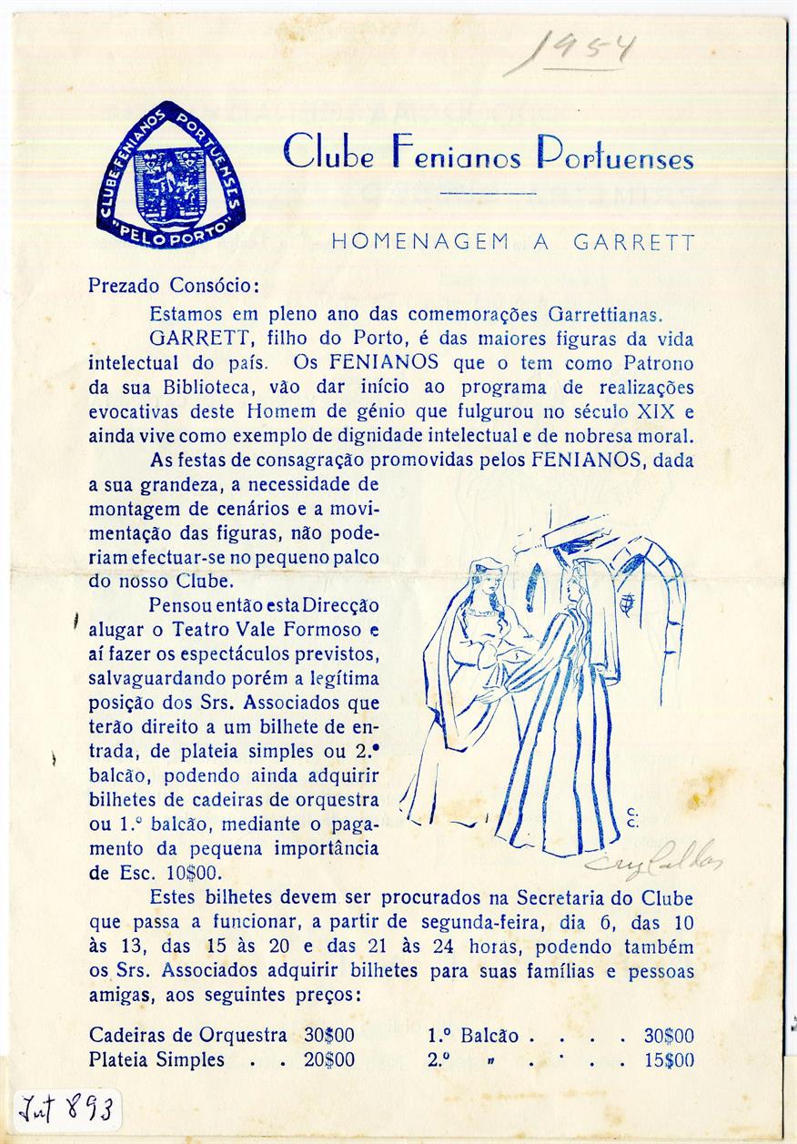 Clube Fenianos Portuenses : homenagem a Garrett : 1954