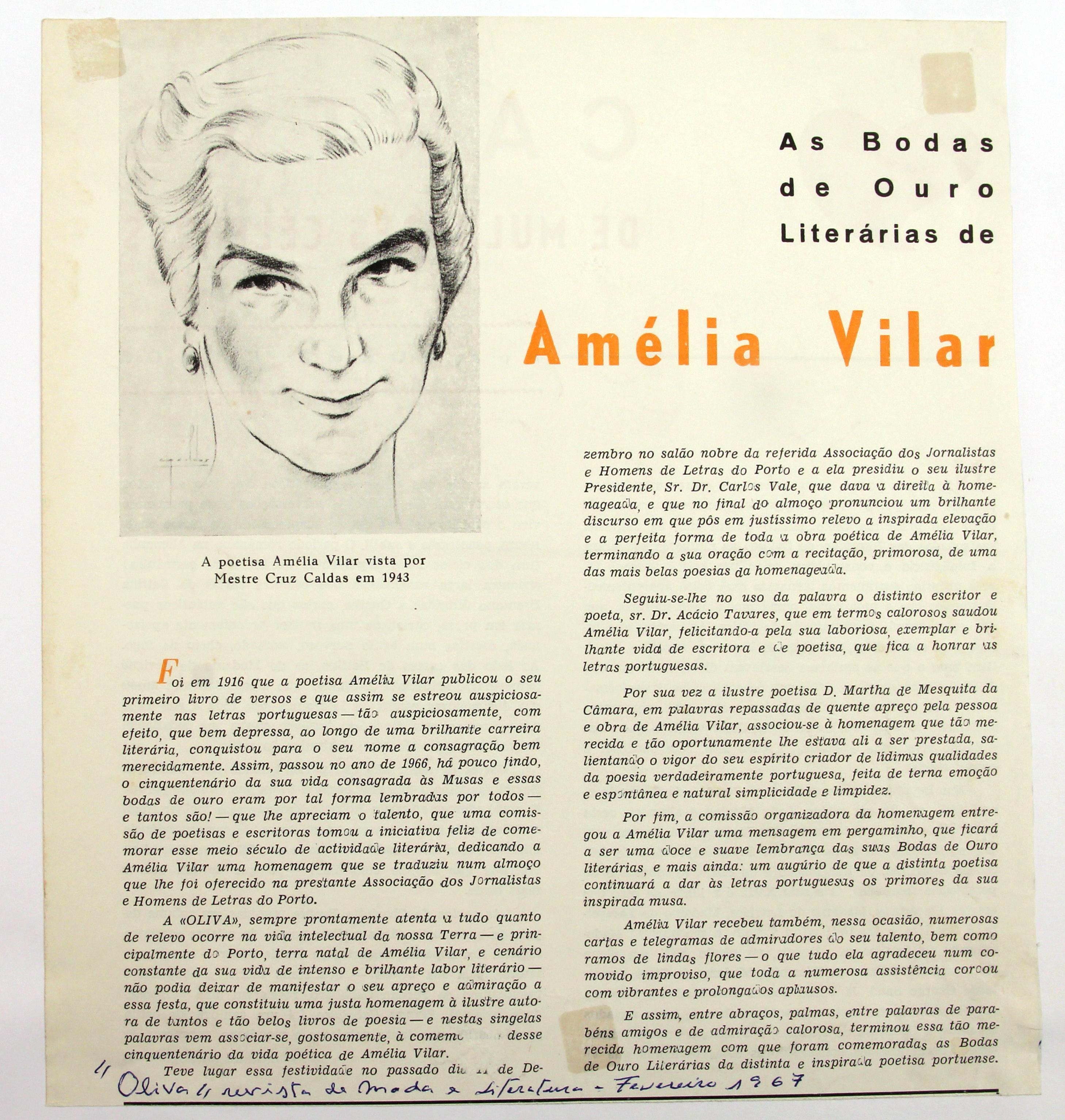Cruz Caldas e a poetisa Amélia Vilar : «Oliva : revista de moda e literatura» : as bodas de ouro literárias de Amélia Vilar