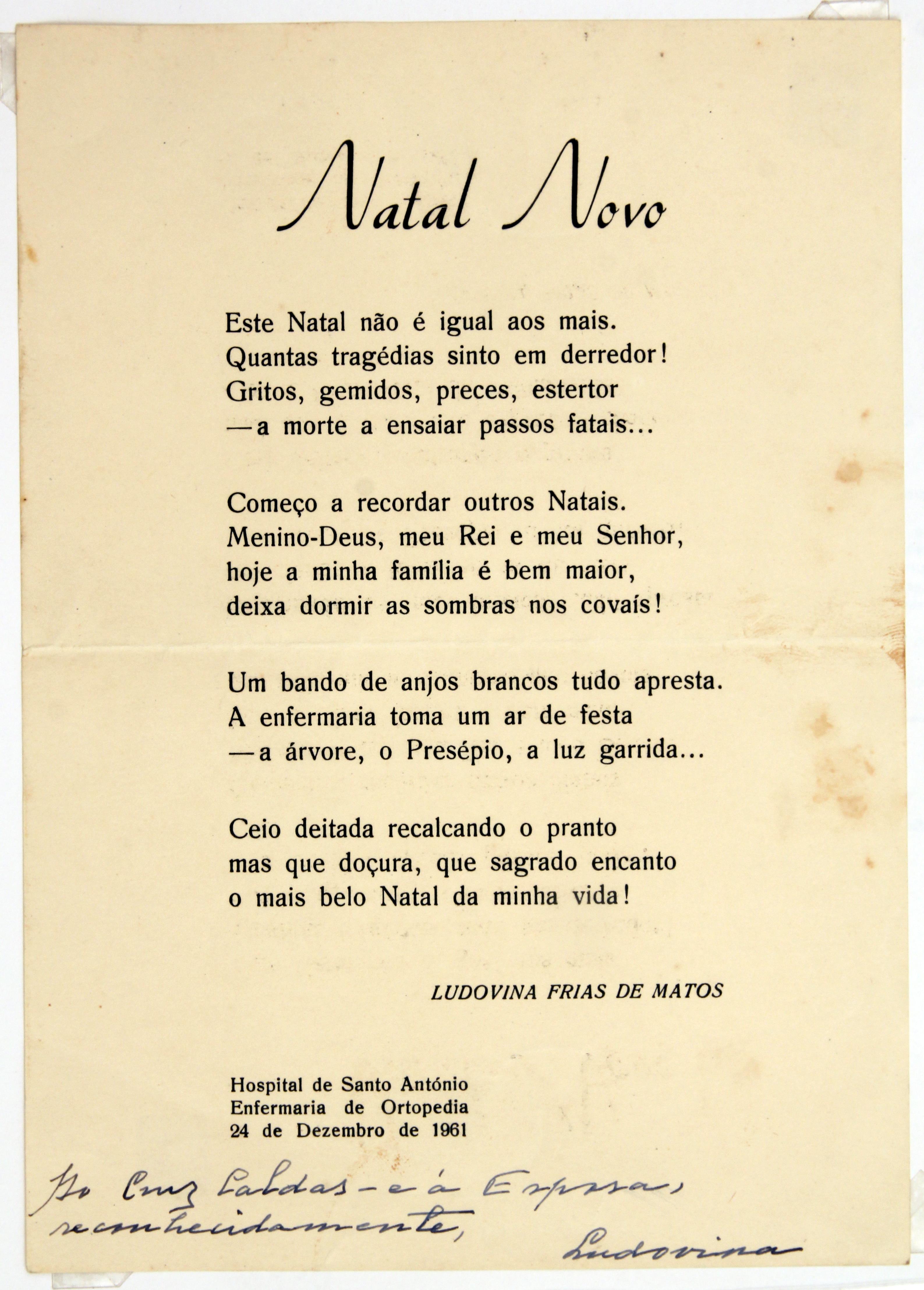 Cruz Caldas e a poetisa Ludovina Frias de Matos : [Poema] Natal Novo