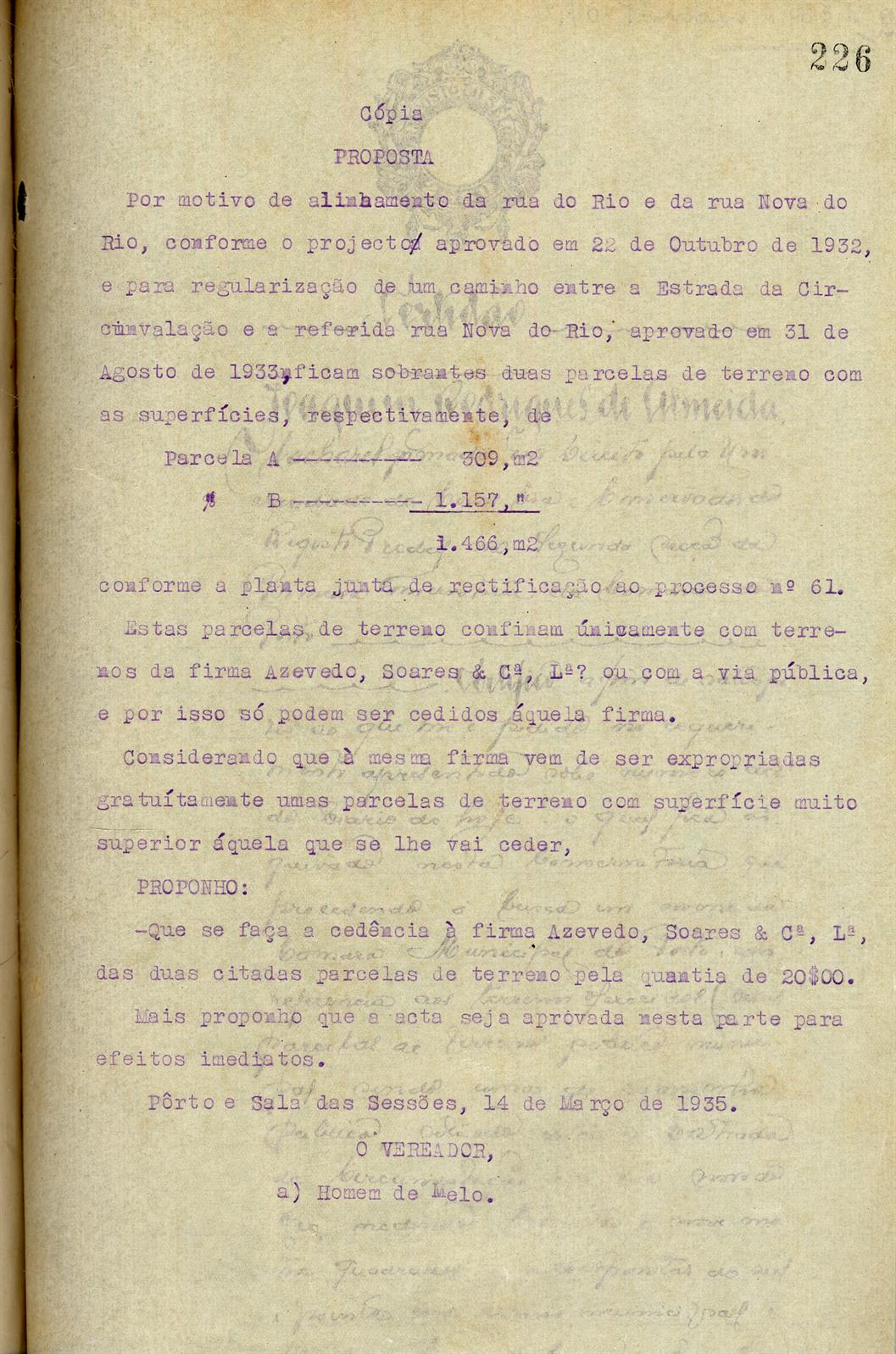 Processo de escritura lavrada na folha 183 do livro 96, em 26 de Junho de 1935