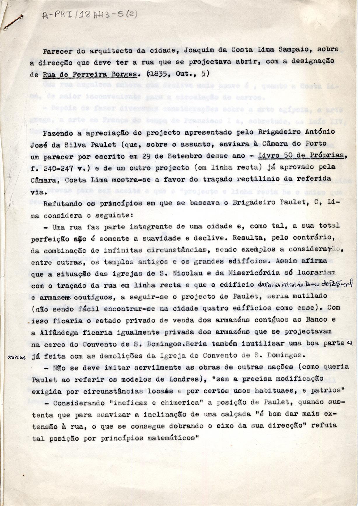 [Parecer de Joaquim da Costa Lima Sampaio sobre a abertura da Rua Ferreira Borges]