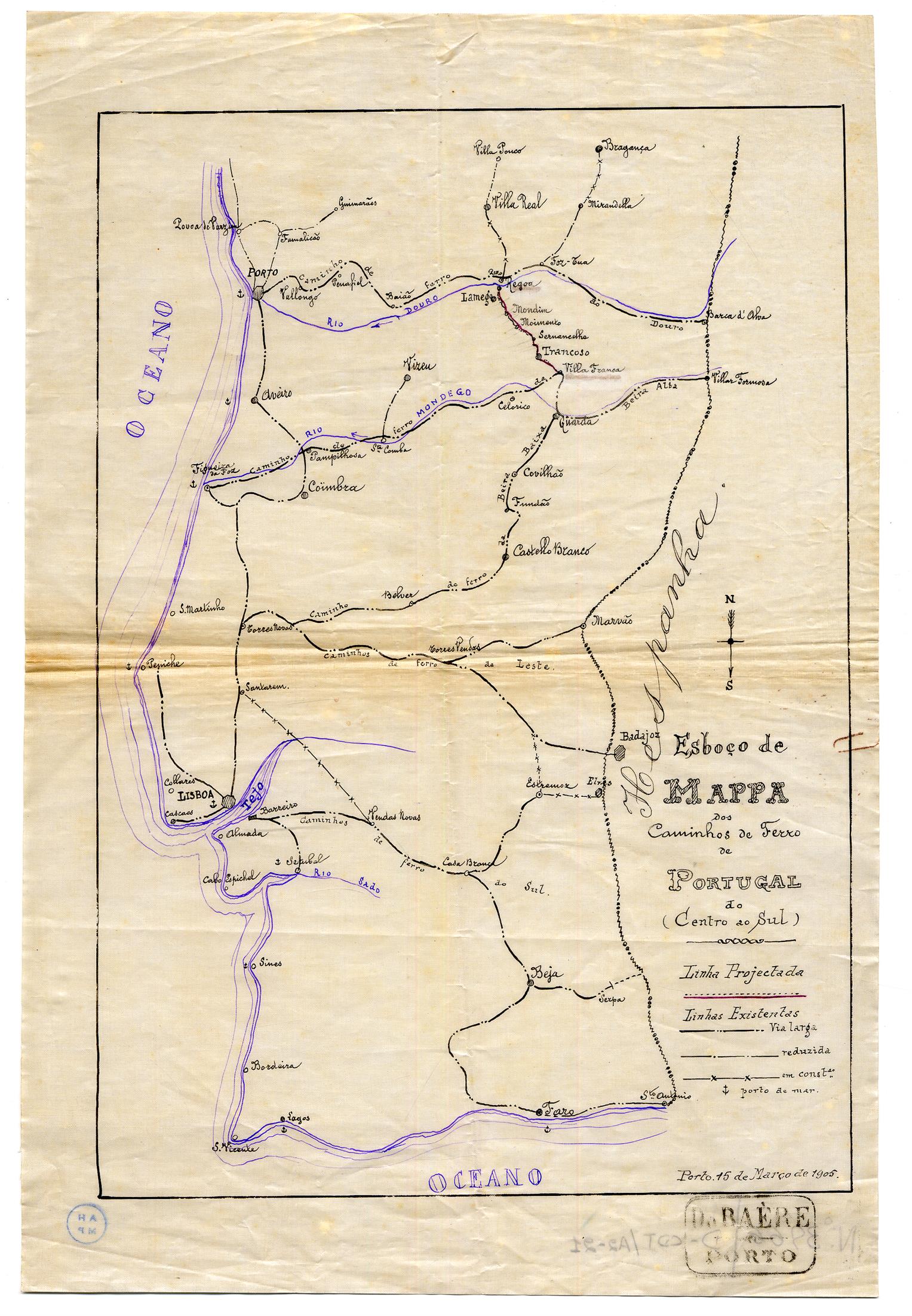 Esboço de mapa dos caminhos de ferro de Portugal