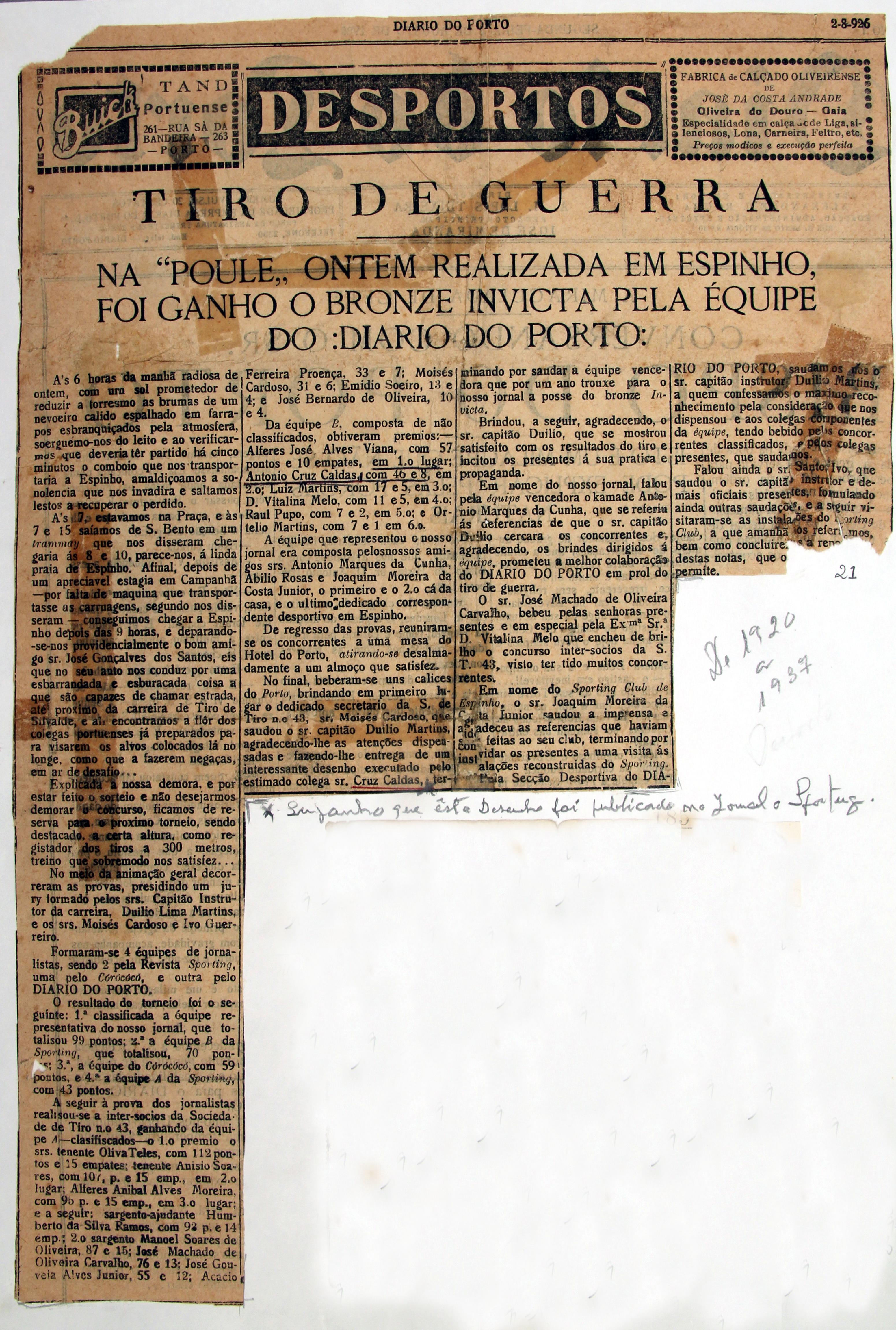 Cruz Caldas (1) : 1897-1928 : «Diário do Porto»  desportos : tiro de guerra